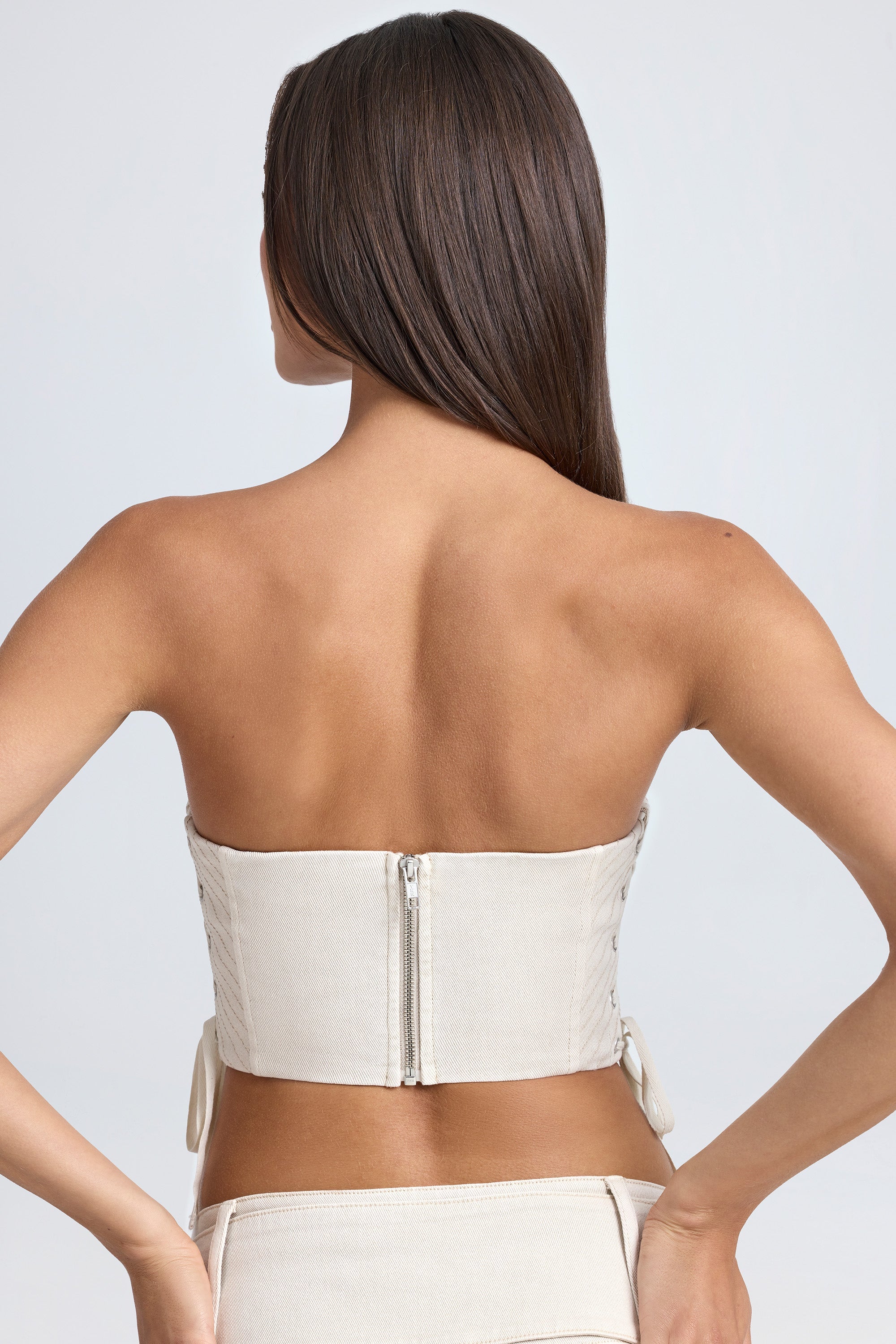 Bandeau Lace-Up Corset Crop Top in Ecru | Oh Polly