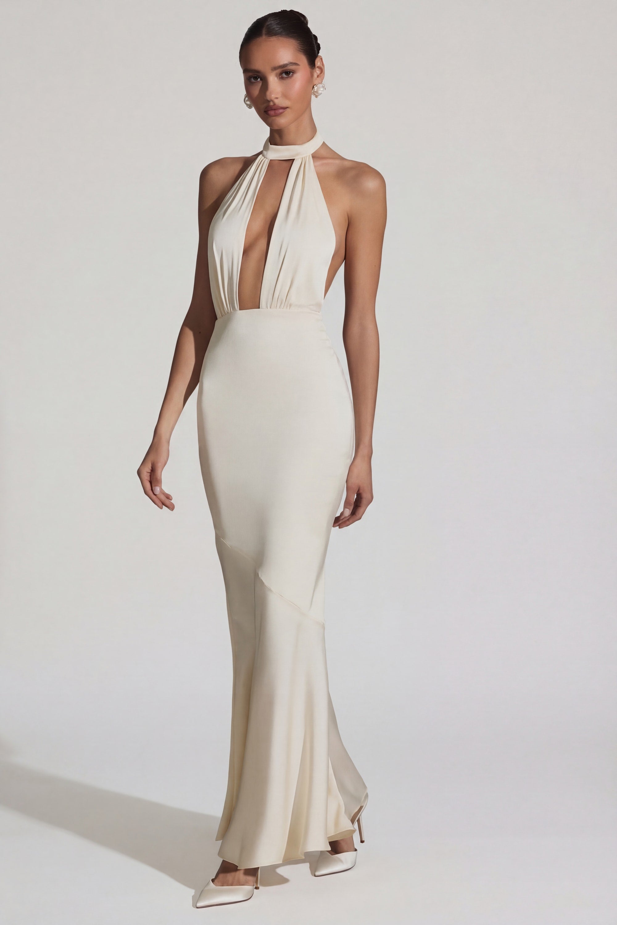 Backless Halterneck Fishtail Gown in Ivory - 10