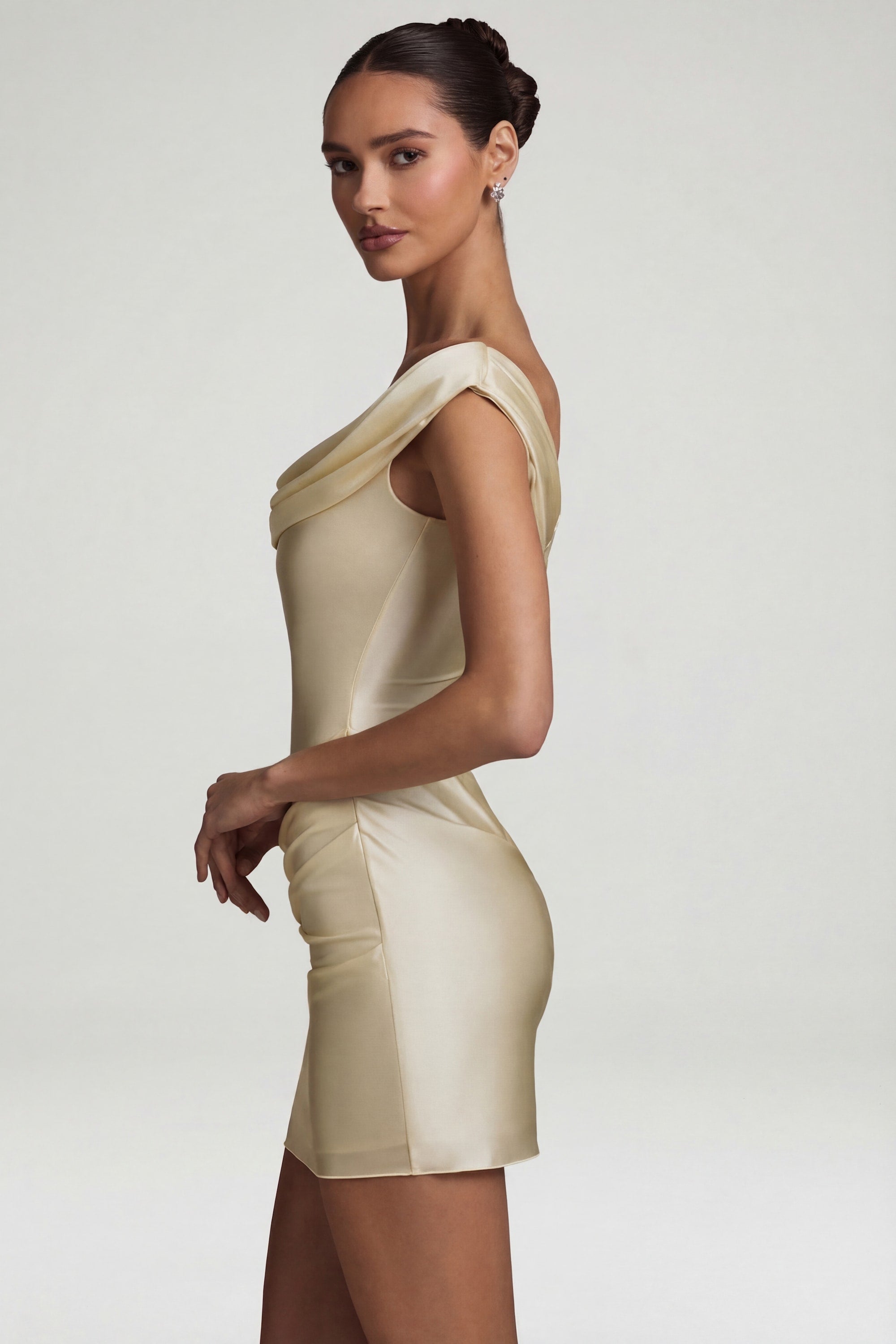 Satin Off-Shoulder Draped Mini Dress in Ivory - 8