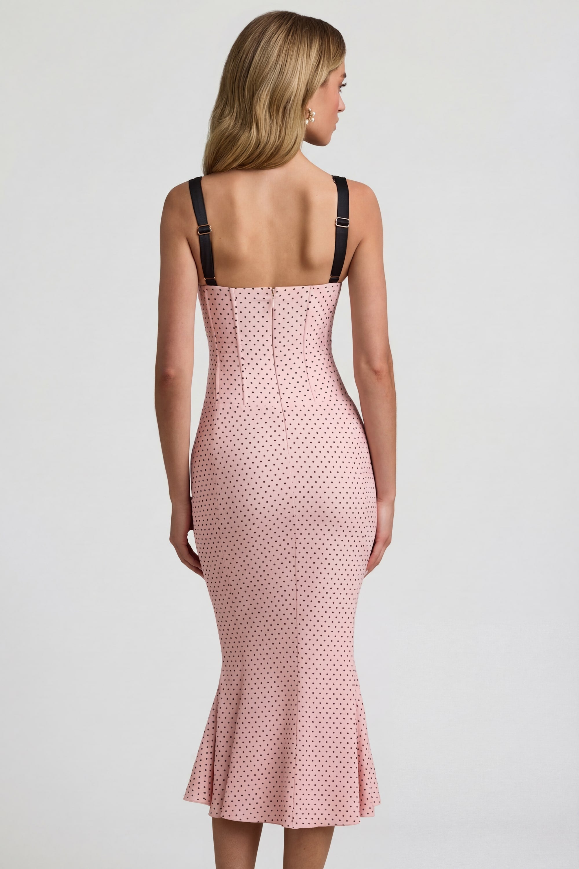 Layered Bra-Detail Fishtail Midaxi Dress in Pink Polka Dot - 4