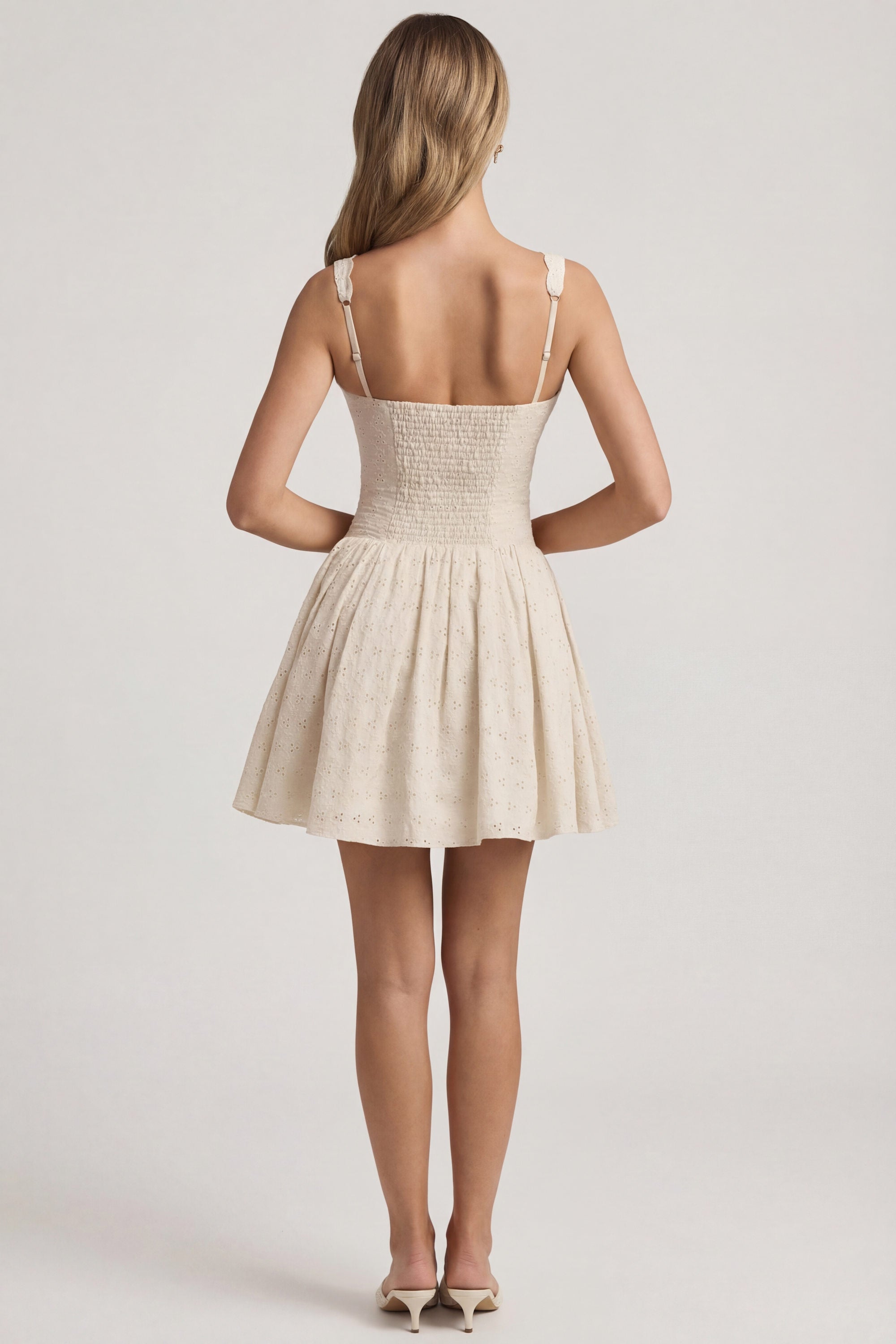 Broderie Anglaise Bow-Detail A-Line Mini Dress in Ivory - 6