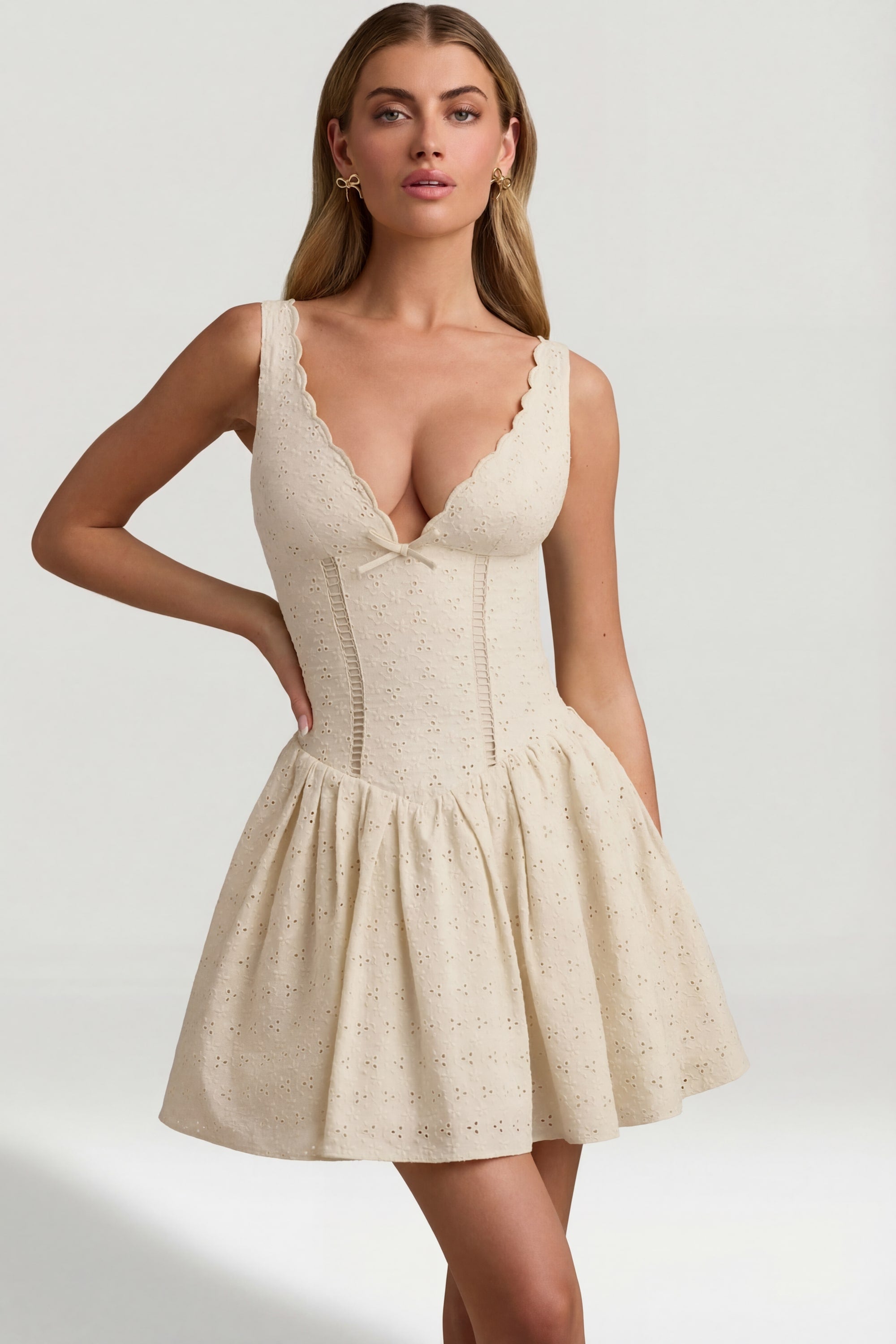 Sabina Broderie Anglaise Bow-Detail A-Line Mini Dress in Ivory