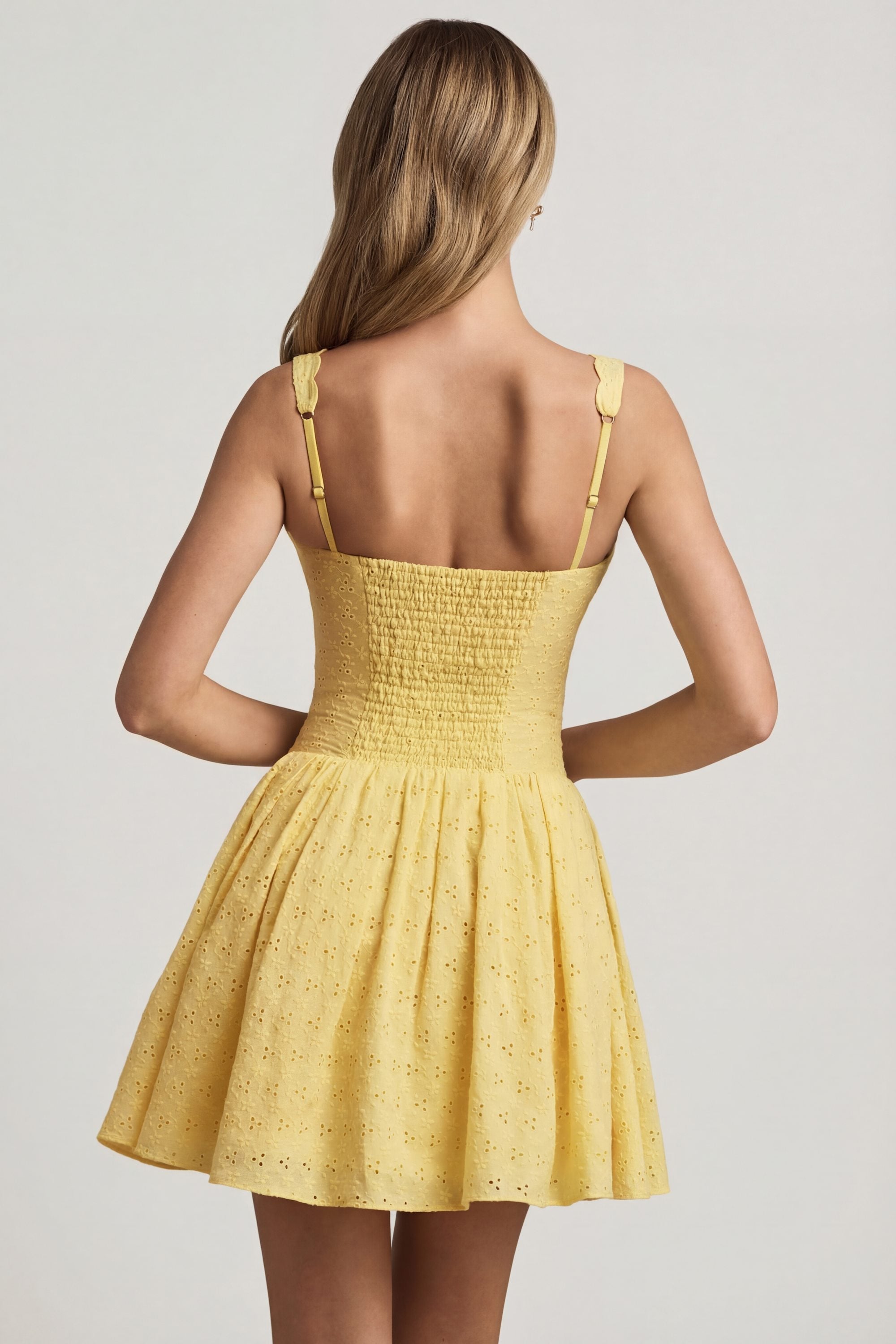 pastel yellow dress mini Broderie Anglaise Bow-Detail A-Line Mini Dress in Pastel Yellow - 10