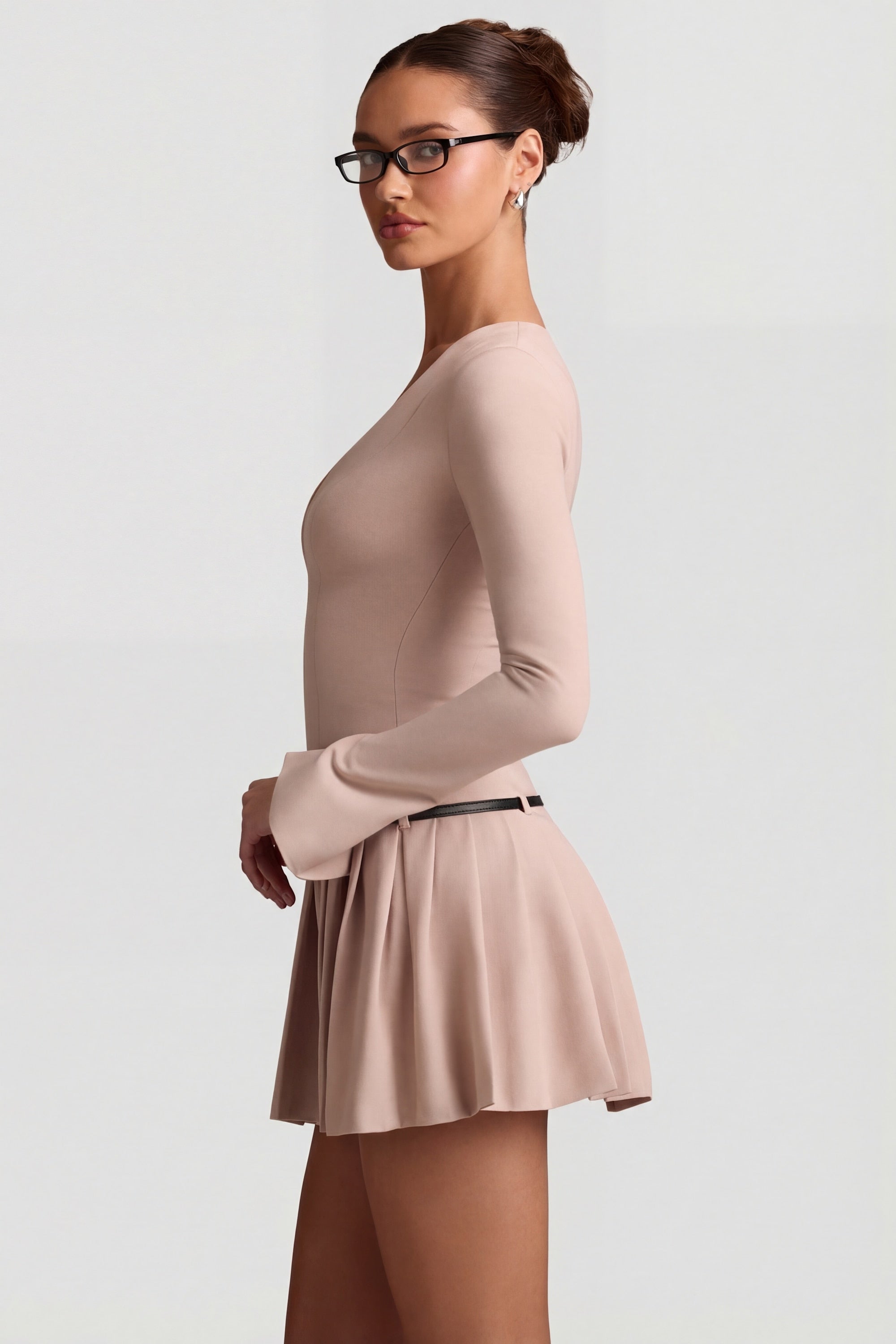 Long-Sleeve Pleated Mini Dress in Mushroom - 6 | Oh Polly Long-Sleeve Pleated Mini Dress in Mushroom - 6 | Oh Polly