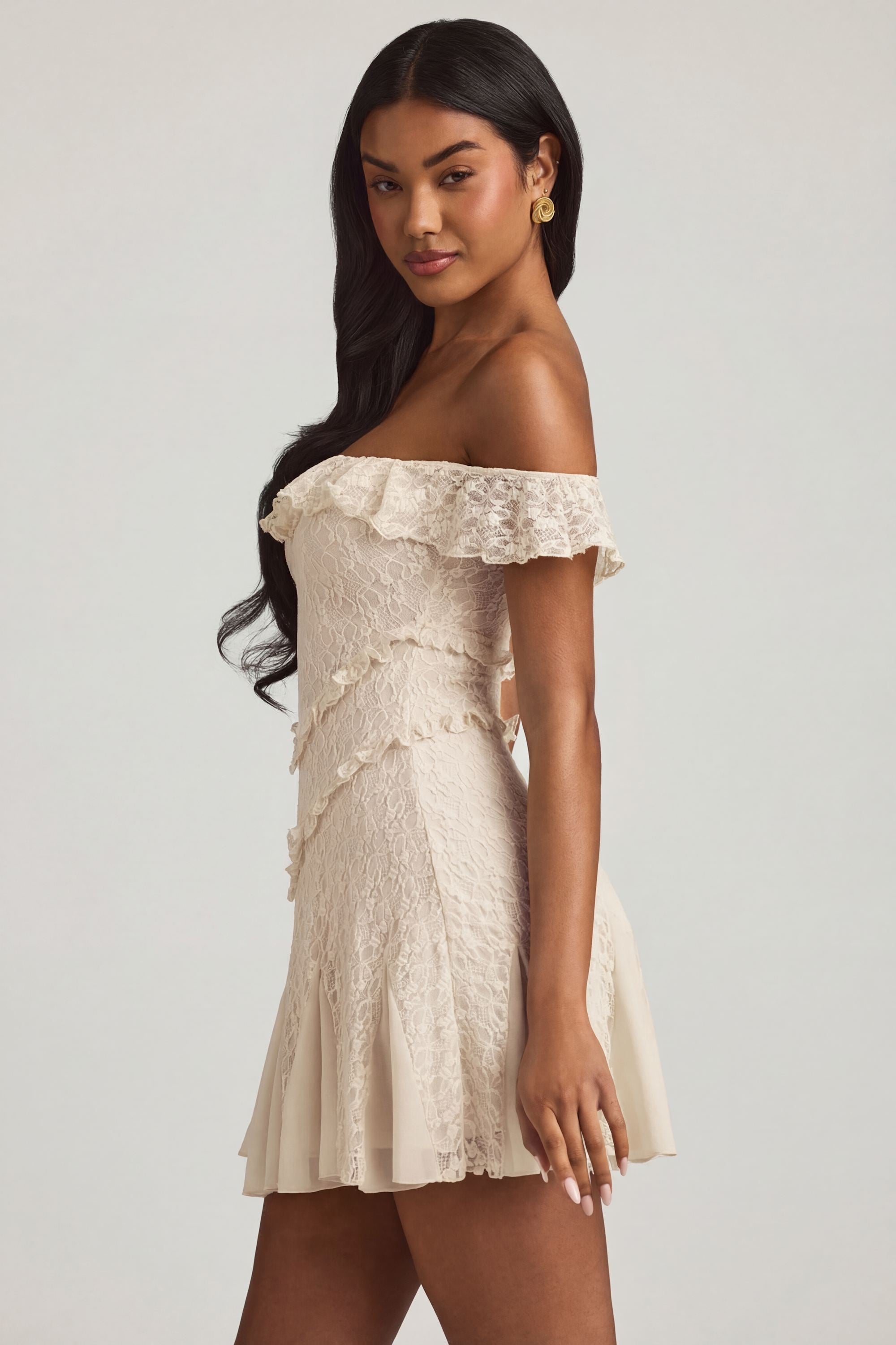 ula off-shoulder mini dress Off-Shoulder Lace A-Line Mini Dress in Ivory - S