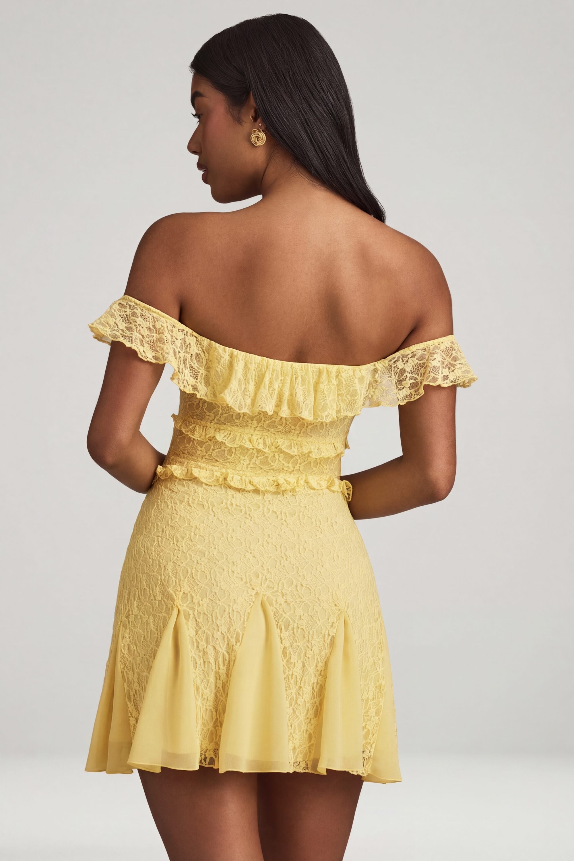 Off-Shoulder Lace A-Line Mini Dress in Pastel Yellow - XXL | Oh Polly