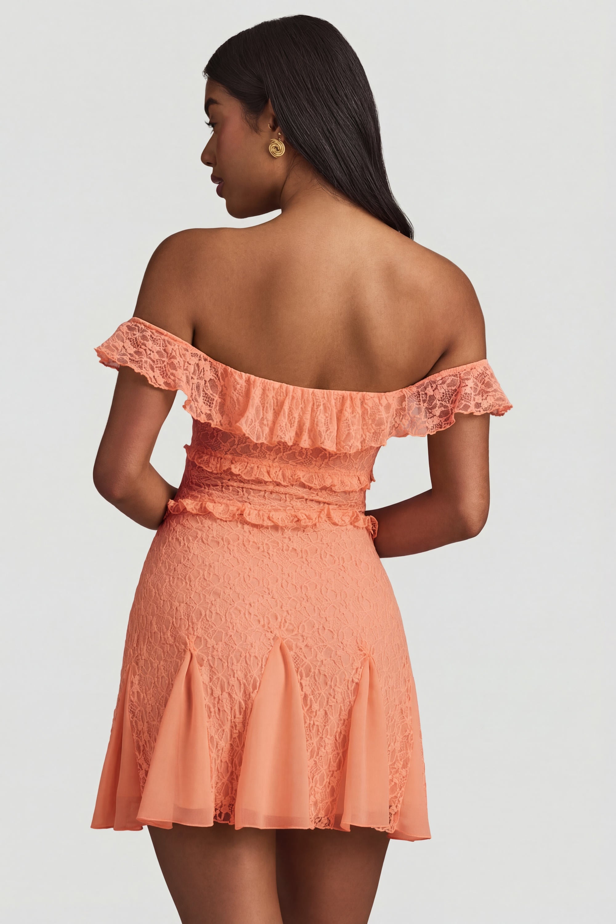 knee length dresses for ladies Peach Pink Long Chiffon Lace Wedding Party Dress Bridesmaids Gown – TANYA  BRIDAL main image 1