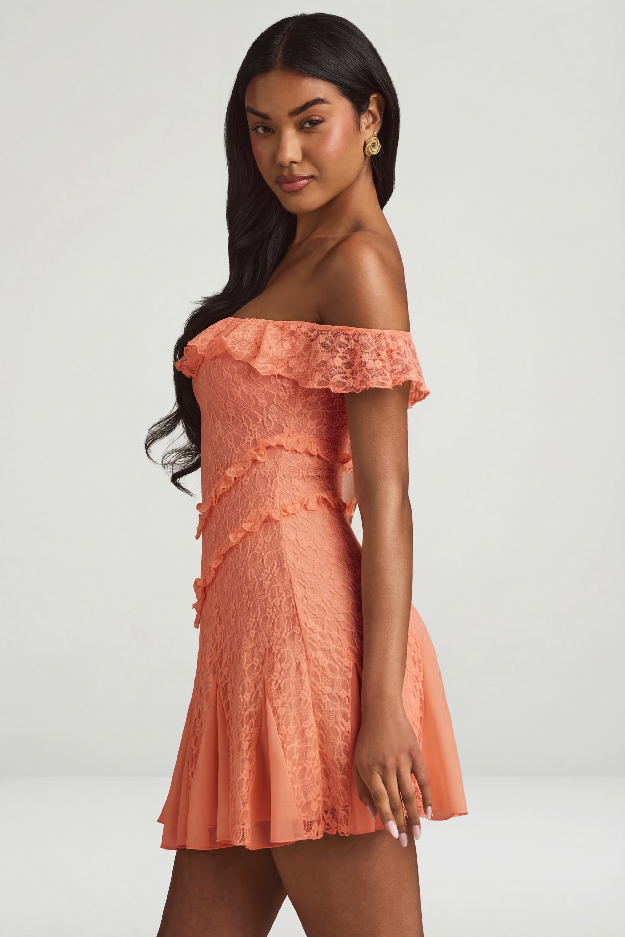 peach lace mini dress Peach Floral Print Halter Neck Lace Trim Mini Dress