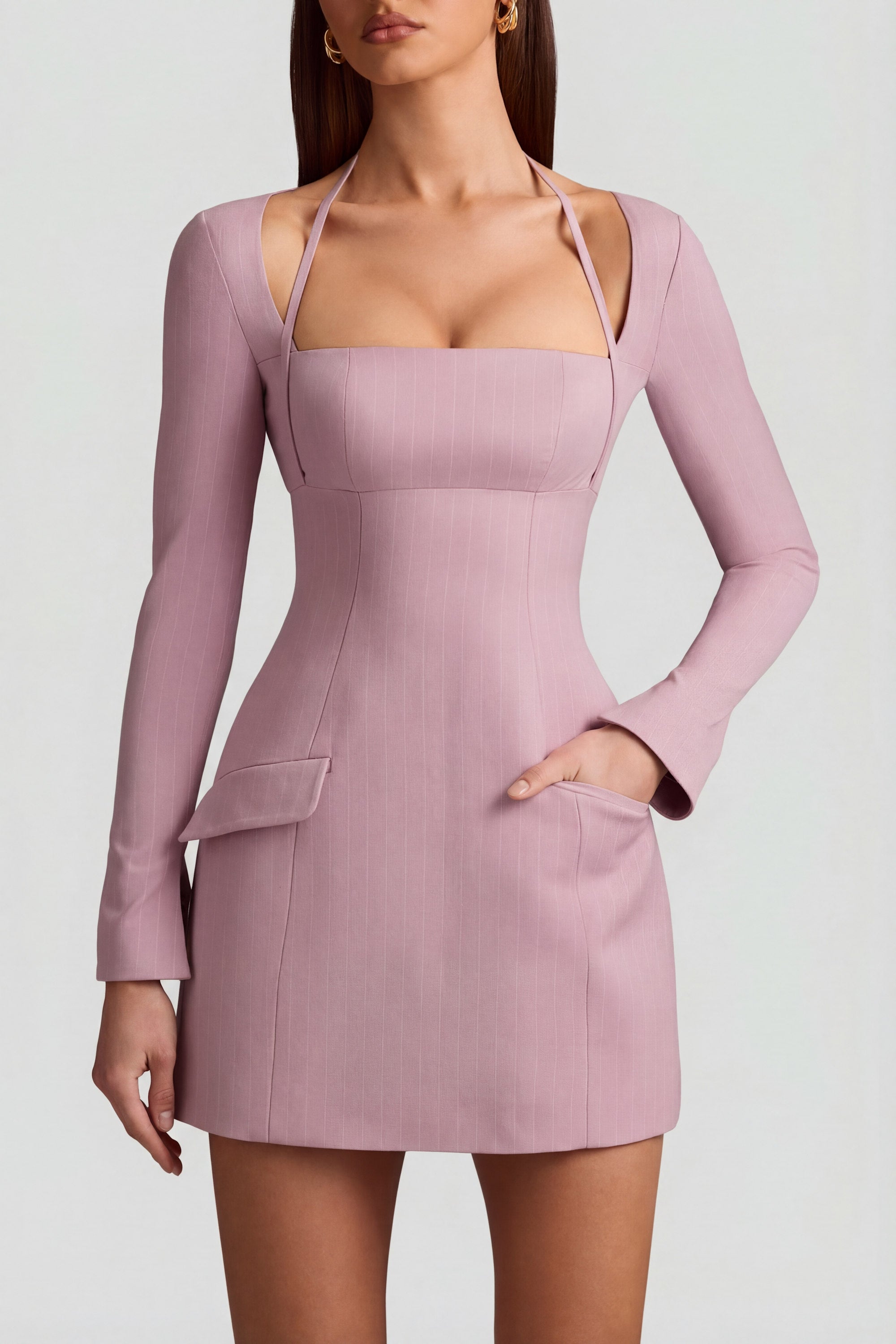 Ksenia Pinstripe Structured A-Line Mini Dress in Mauve | Oh Polly