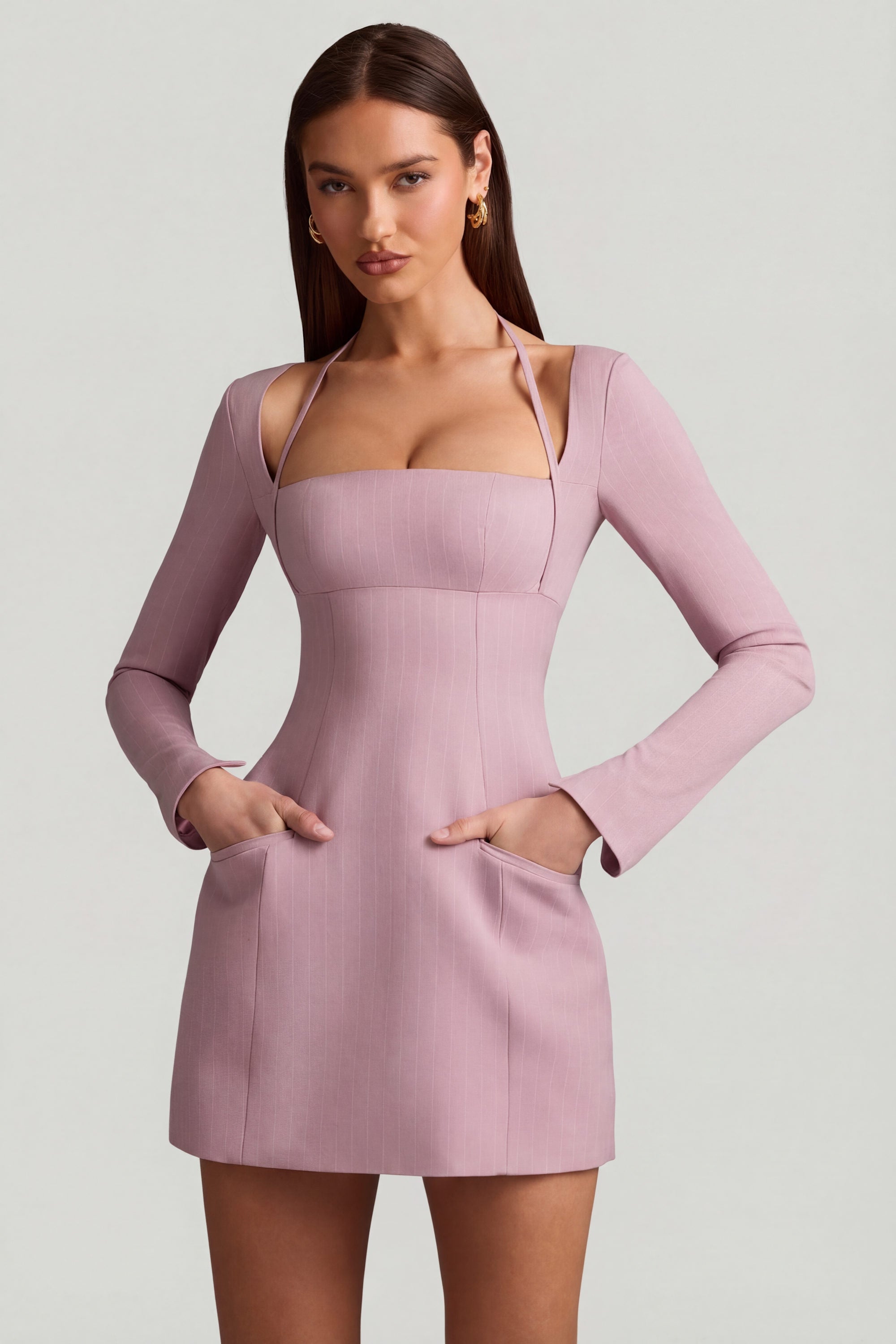 Ksenia Pinstripe Structured A-Line Mini Dress in Mauve | Oh Polly