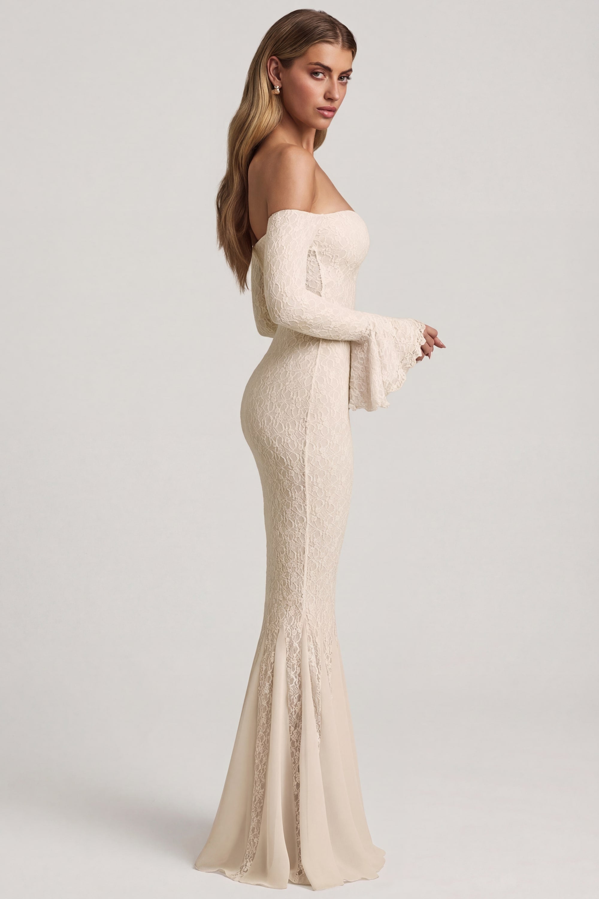 Off-Shoulder Ruffle Lace Maxi Dress in Ivory - XXS | Oh Polly Off-Shoulder Ruffle Lace Maxi Dress in Ivory - XXS | Oh Polly