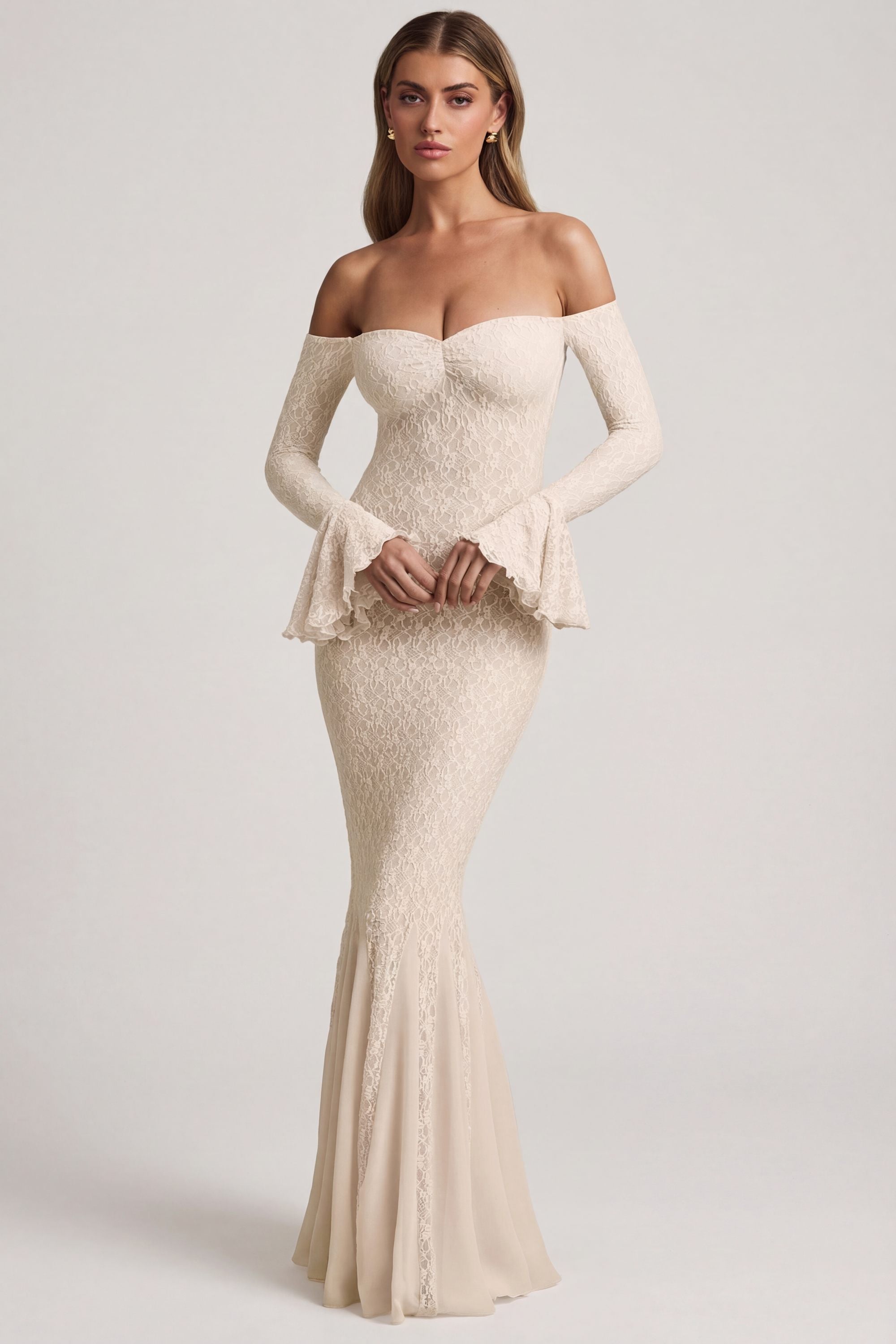 Off-Shoulder Ruffle Lace Maxi Dress in Ivory - XXS | Oh Polly Off-Shoulder Ruffle Lace Maxi Dress in Ivory - XXS | Oh Polly