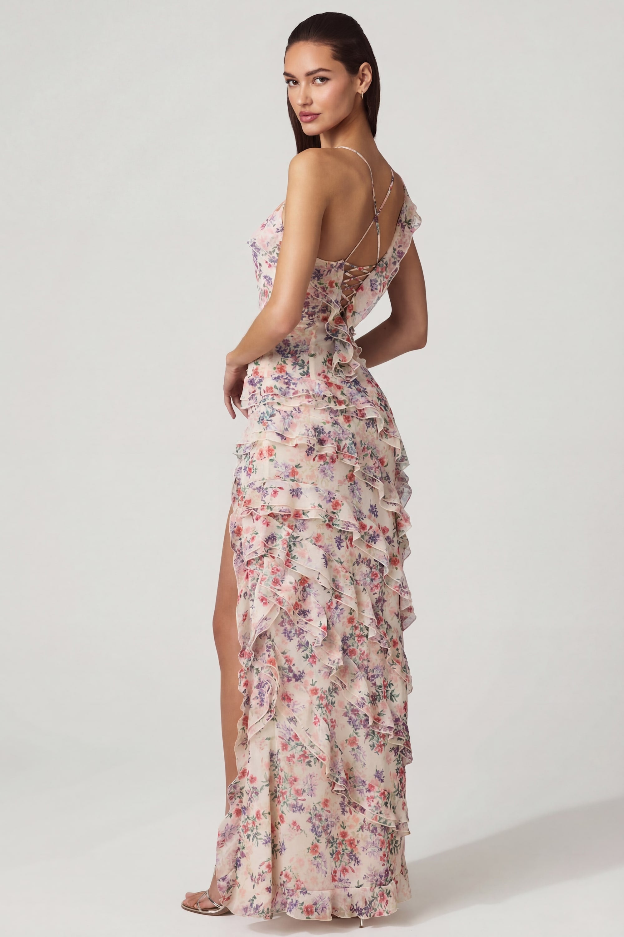 Asymmetric Ruffled Lace-Up Gown in Primrose Floral Print - 2 | Oh Polly Asymmetric Ruffled Lace-Up Gown in Primrose Floral Print - 2 | Oh Polly