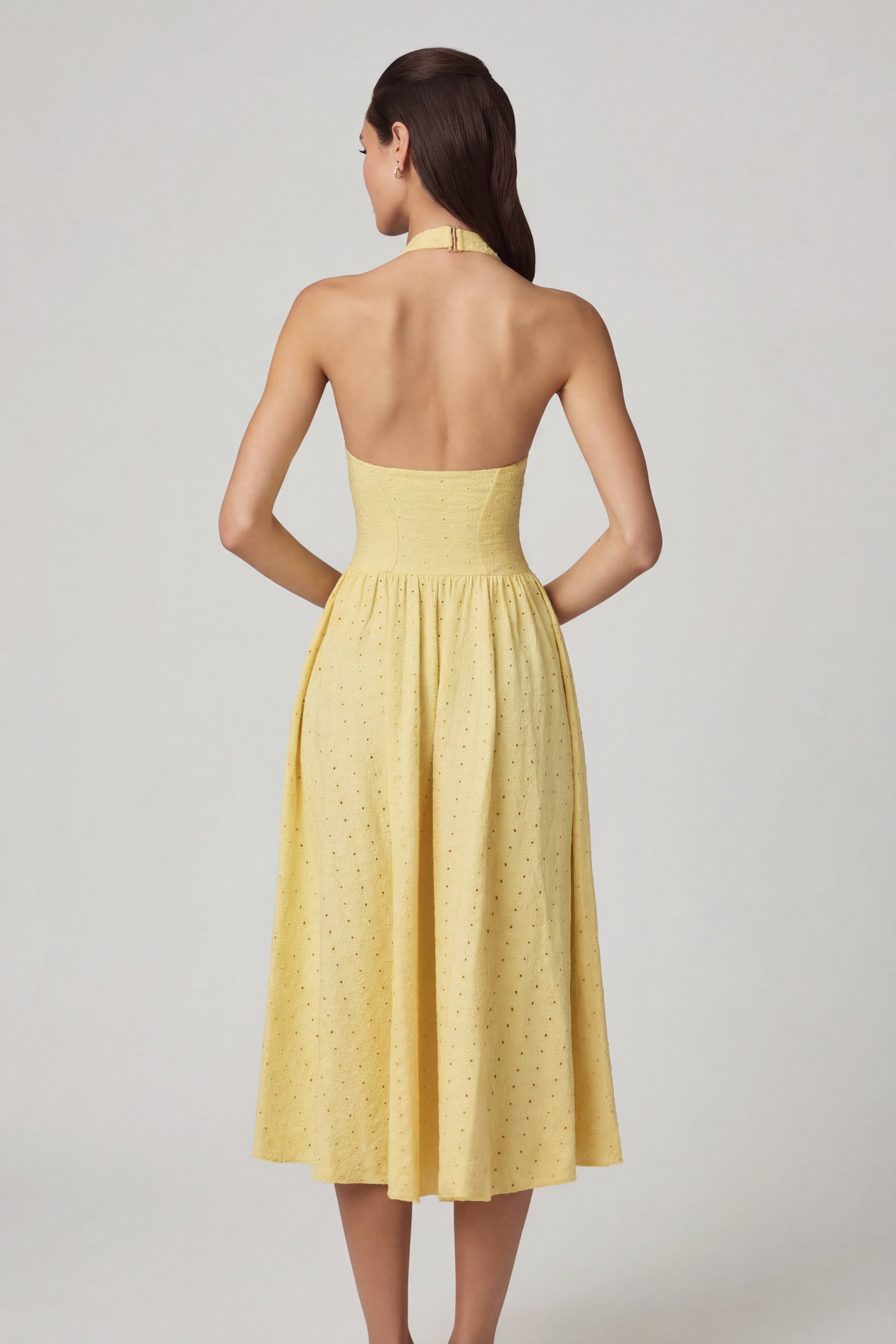 Farrah Broderie Anglaise Halterneck Midaxi Dress in Lemon Yellow