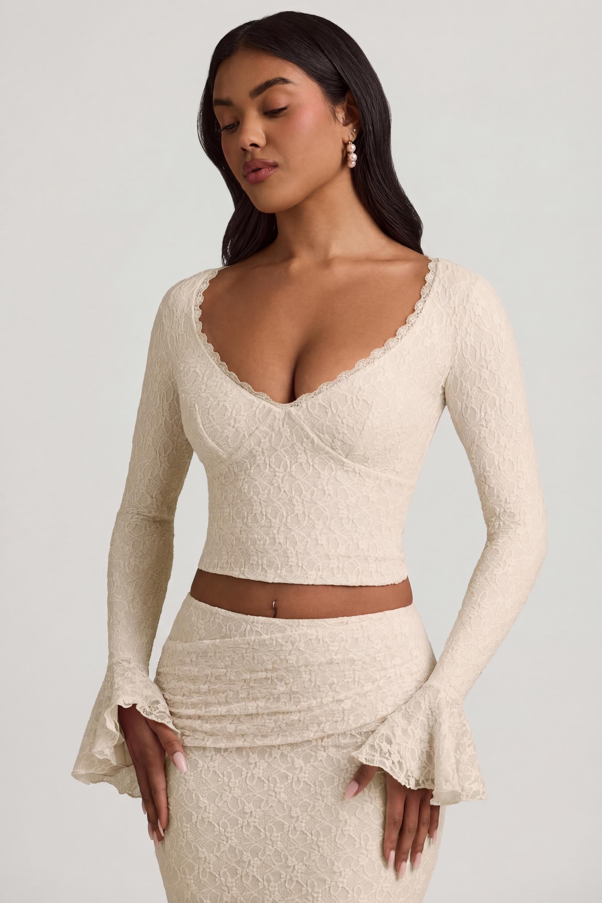 Dagny Ruffle Long-Sleeve Lace Top in Ivory | Oh Polly