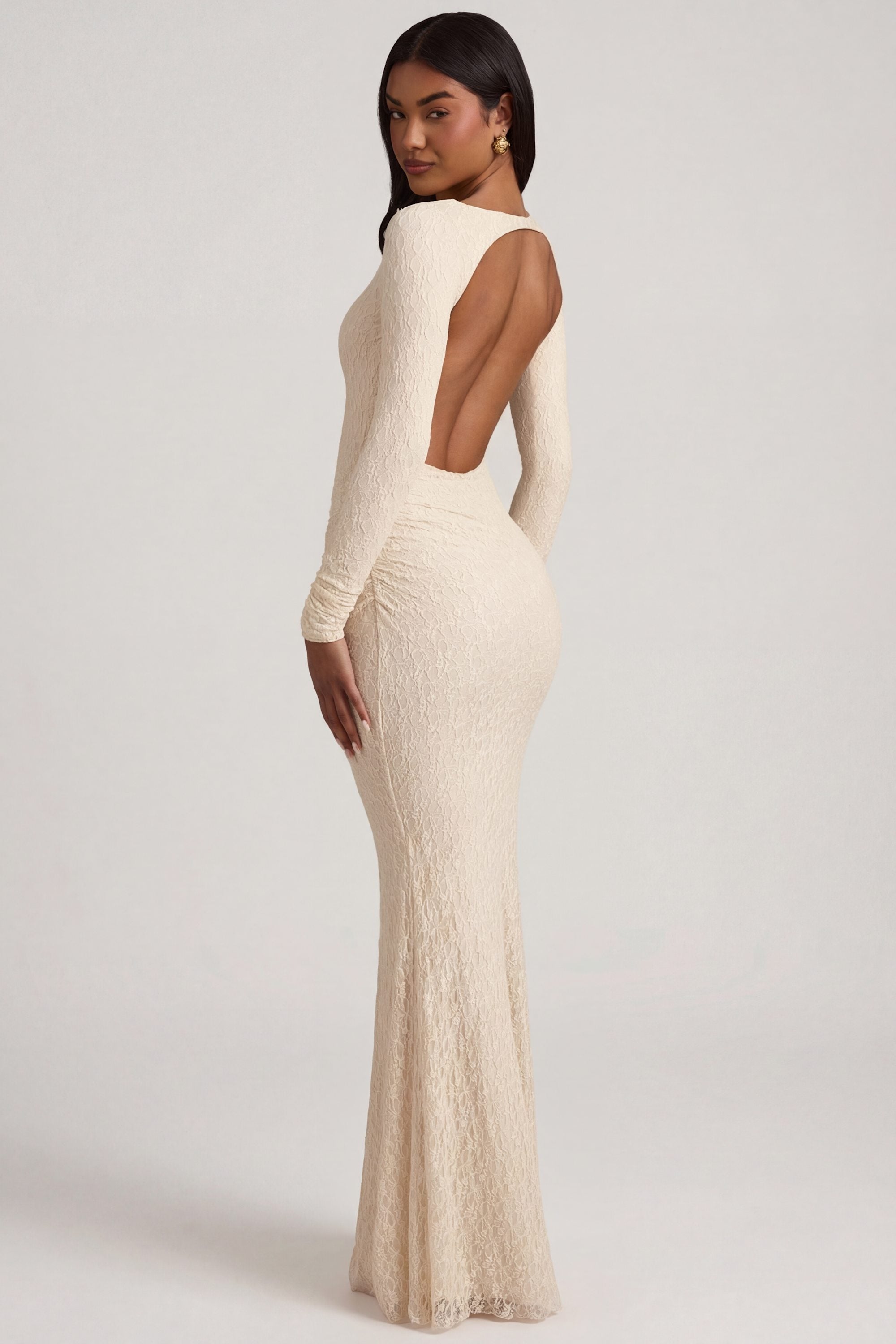 Ruched Backless Lace Maxi Dress in Ivory - XS