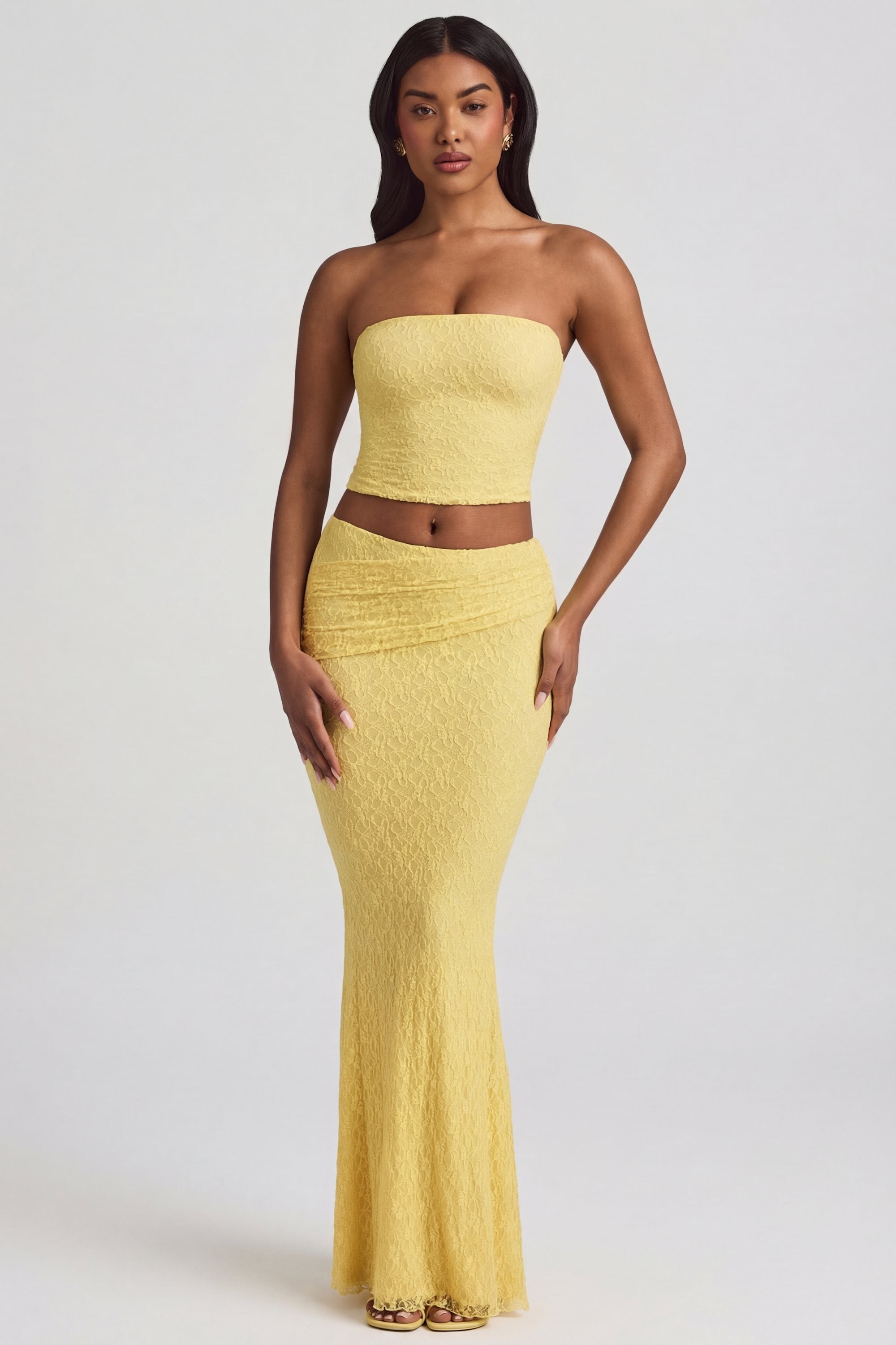 Vanda Draped Low-Rise Lace Maxi Skirt in Pastel Yellow | Oh Polly