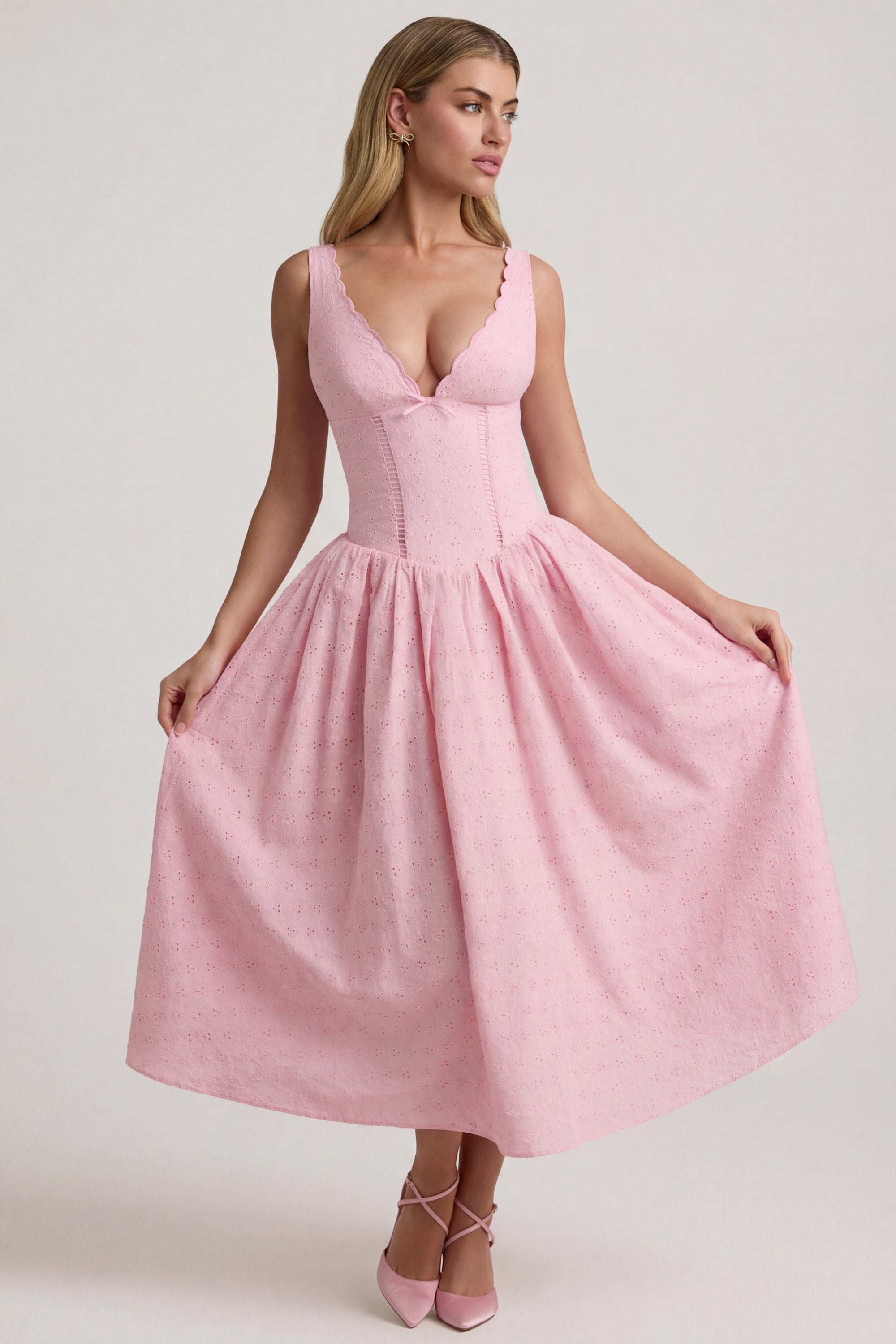 Broderie Anglaise Bow-Detail A-Line Midaxi Dress in Soft Pink - 2