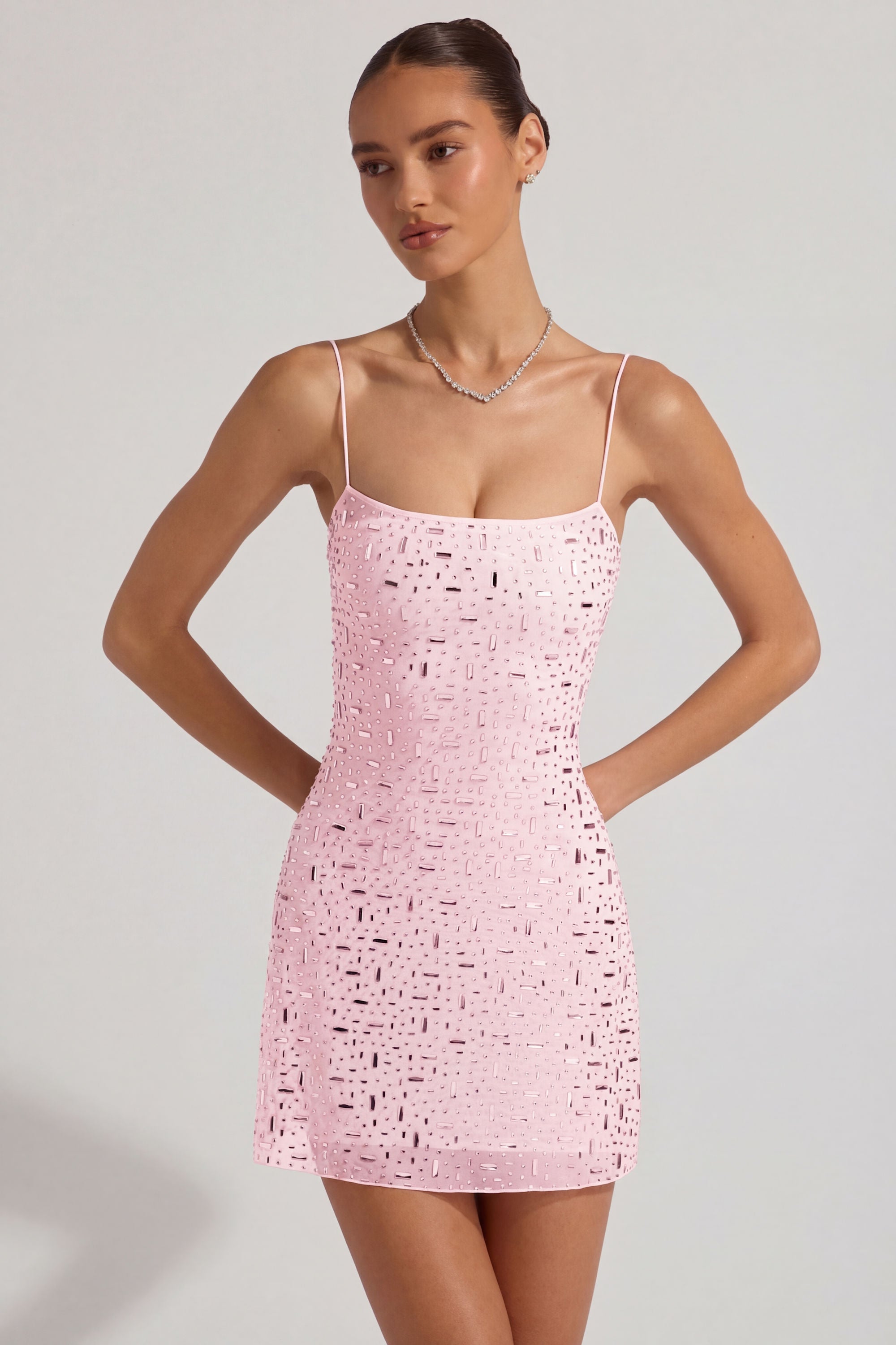 Sheer Embellished Square-Neck Mini Dress in Pink - 12