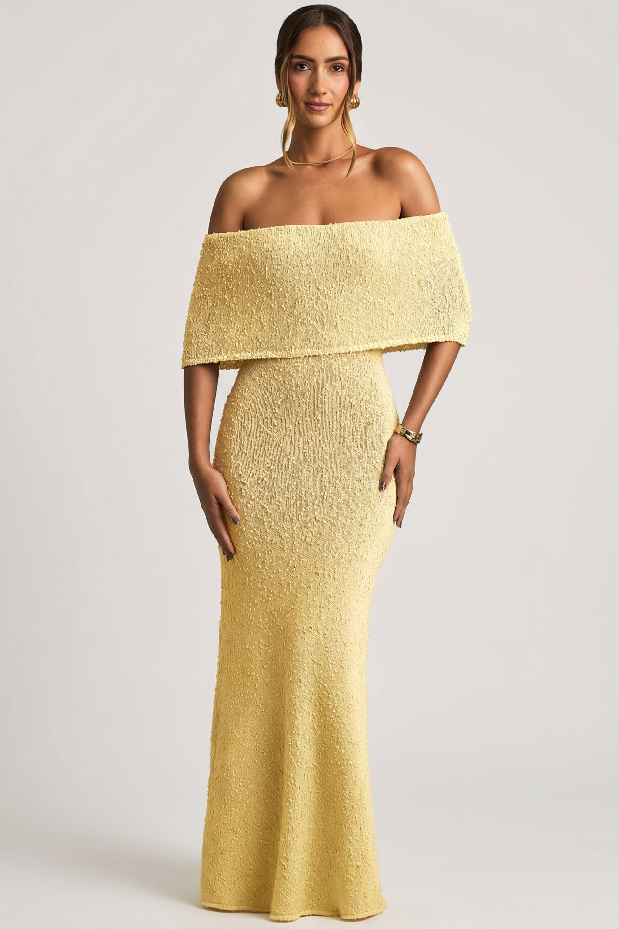 Naia Bouclé Off-Shoulder Maxi Dress in Yellow