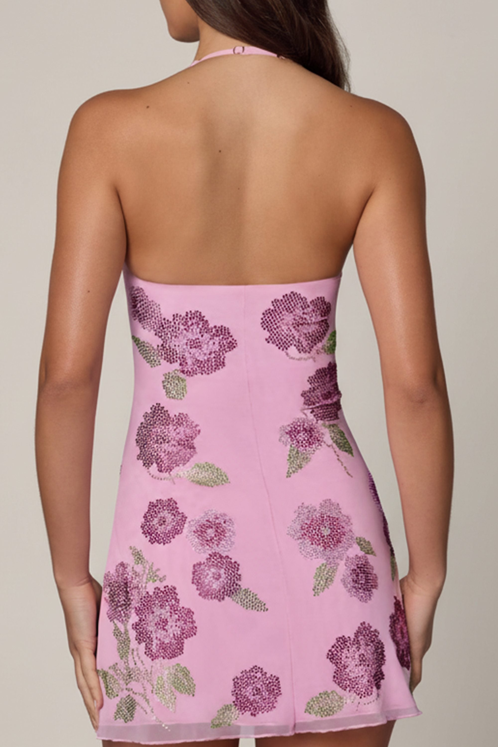 Galene Sequin-Embellished Halterneck Mini Dress in Soft Pink | Oh