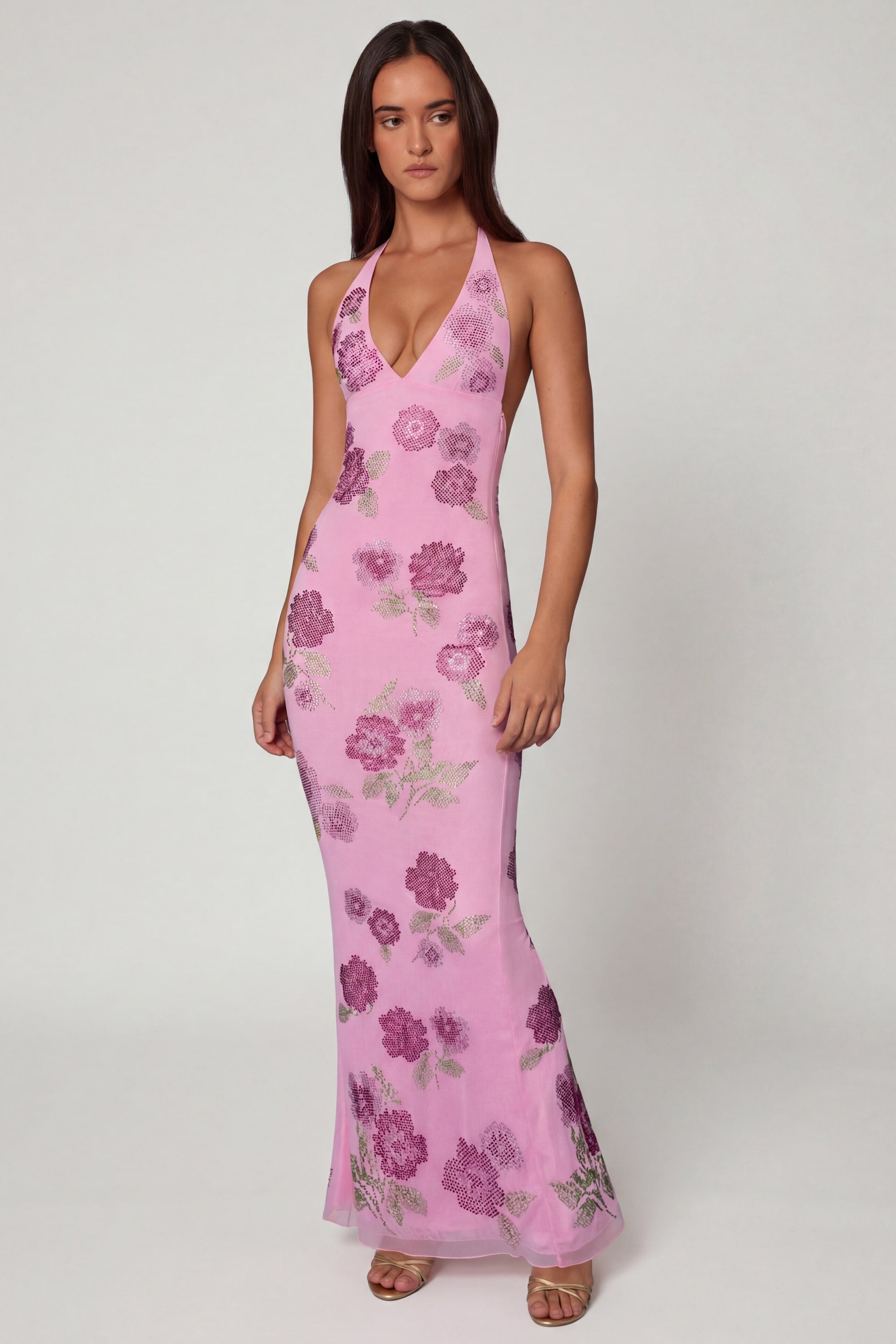 Gyda Embellished Halterneck Maxi Dress in Soft Pink