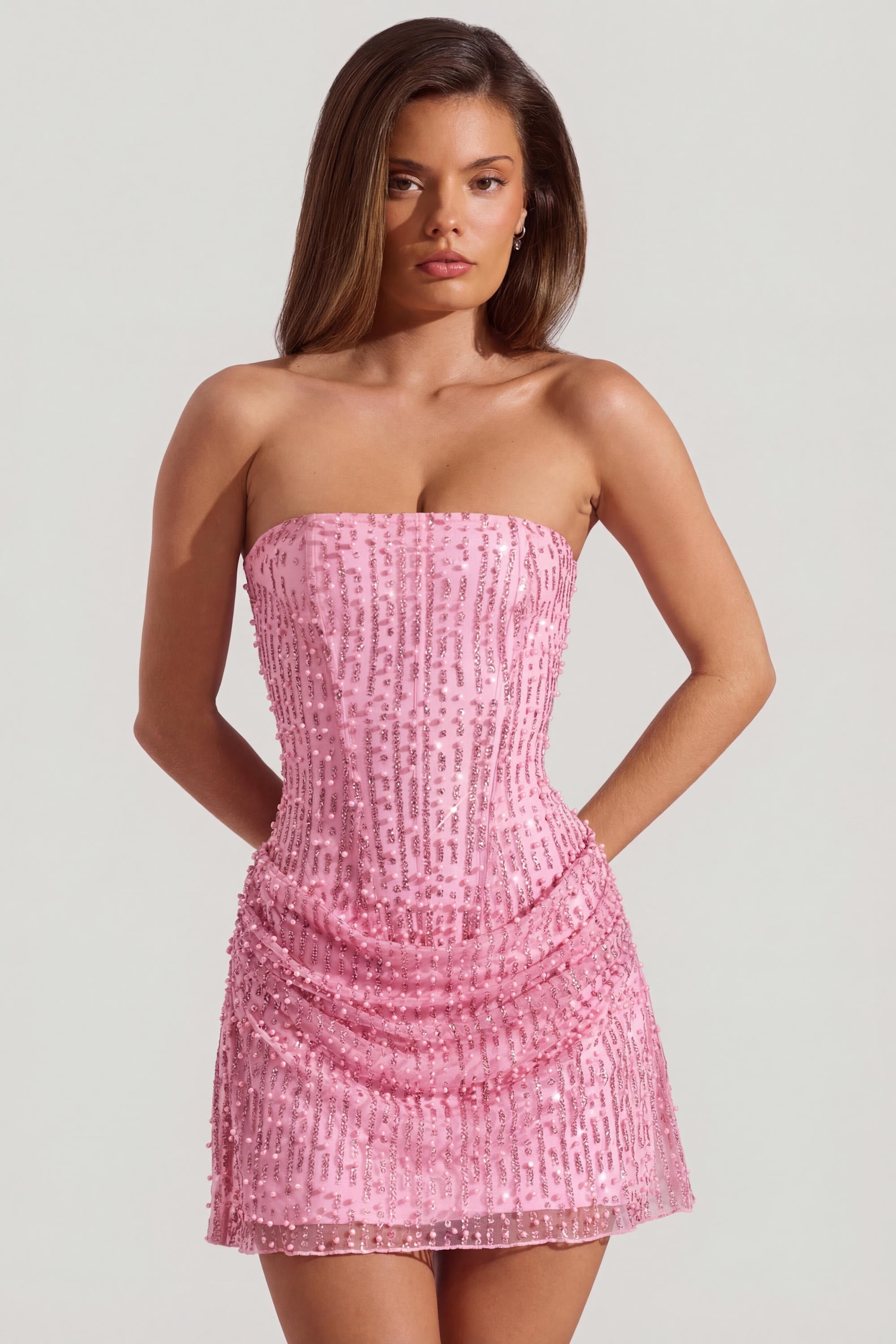 pink embellished mini dress Draped Strapless A-Line in - 8 Size:104 tiered lace dress adorned with shimmering sequin Ivory Bridesmaid Dresses -