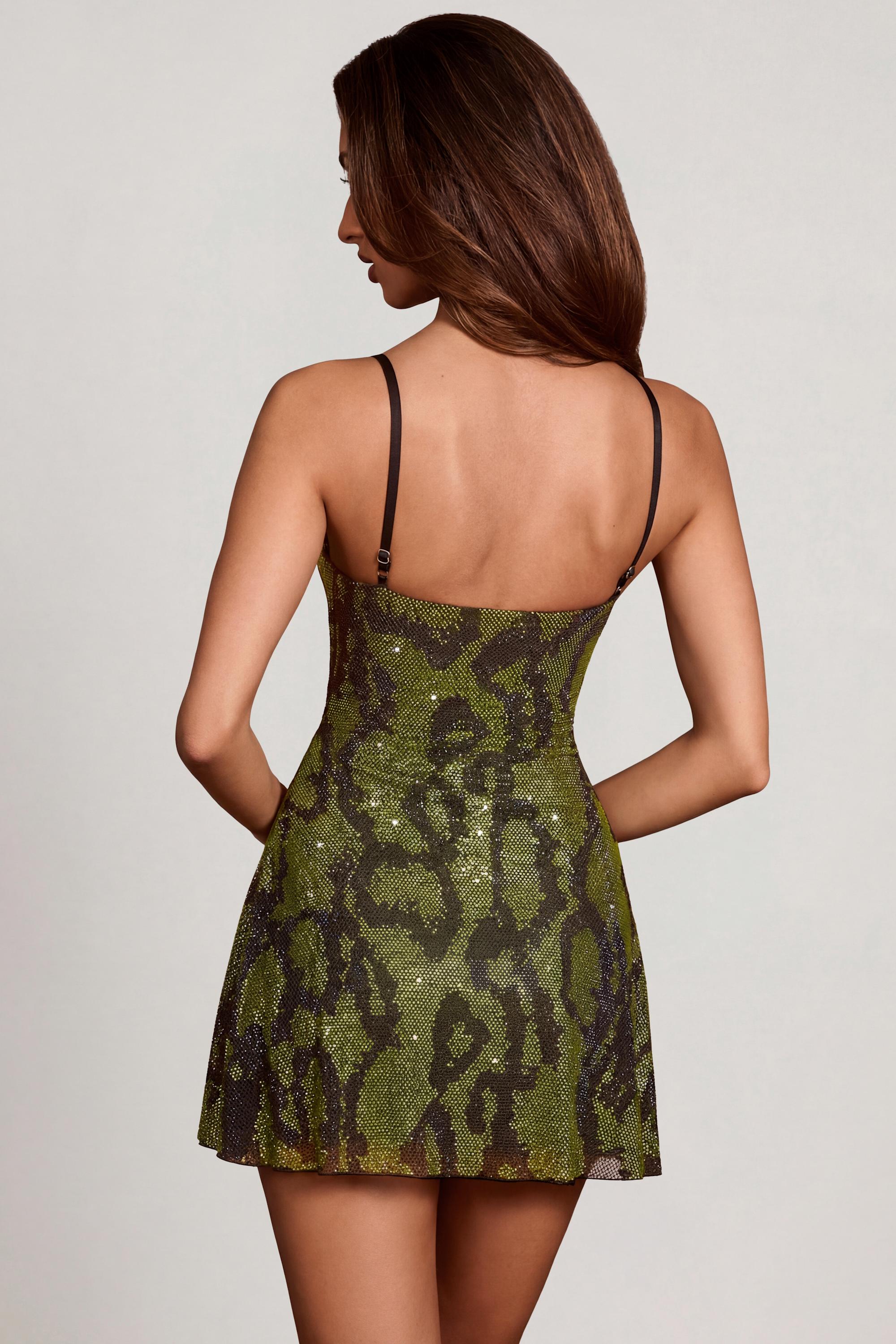 Embellished Cowl Neck A-Line Mini Dress in Green Snake - 8