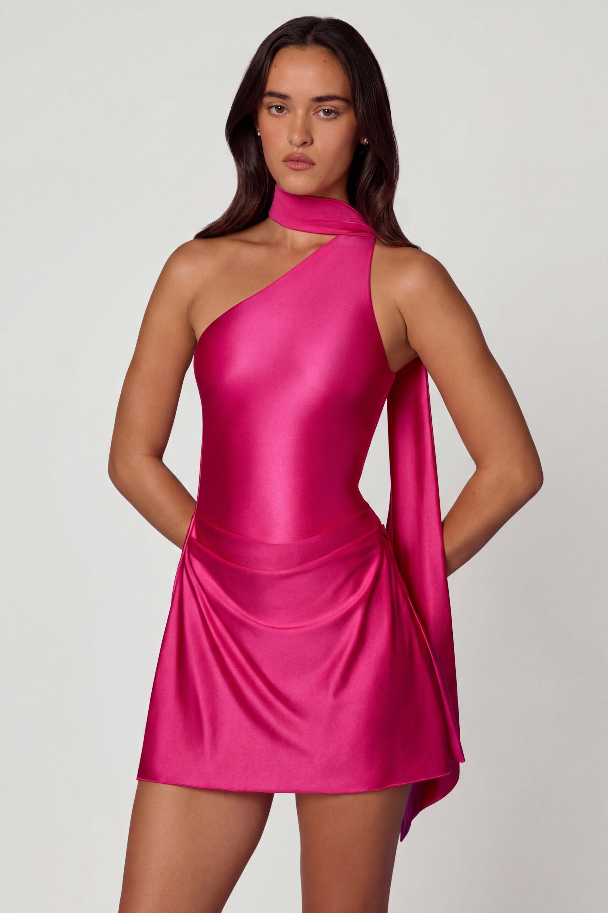 R*e様 【美品】Apolina Carey Dress Kiraz Asymmetric Scarf-Detail Mini Dress in Hot Pink | Oh Polly