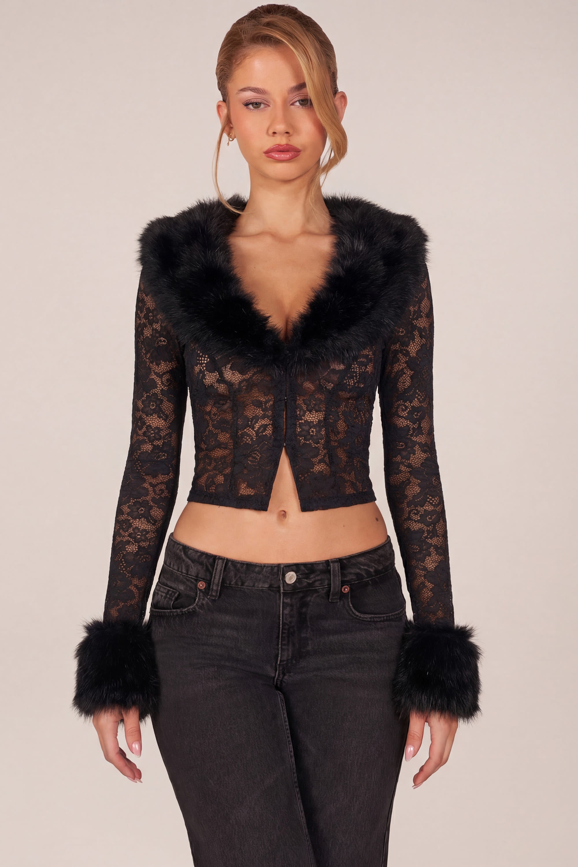 Noemy Faux Fur-Trim Lace Cardigan in Black | Oh Polly