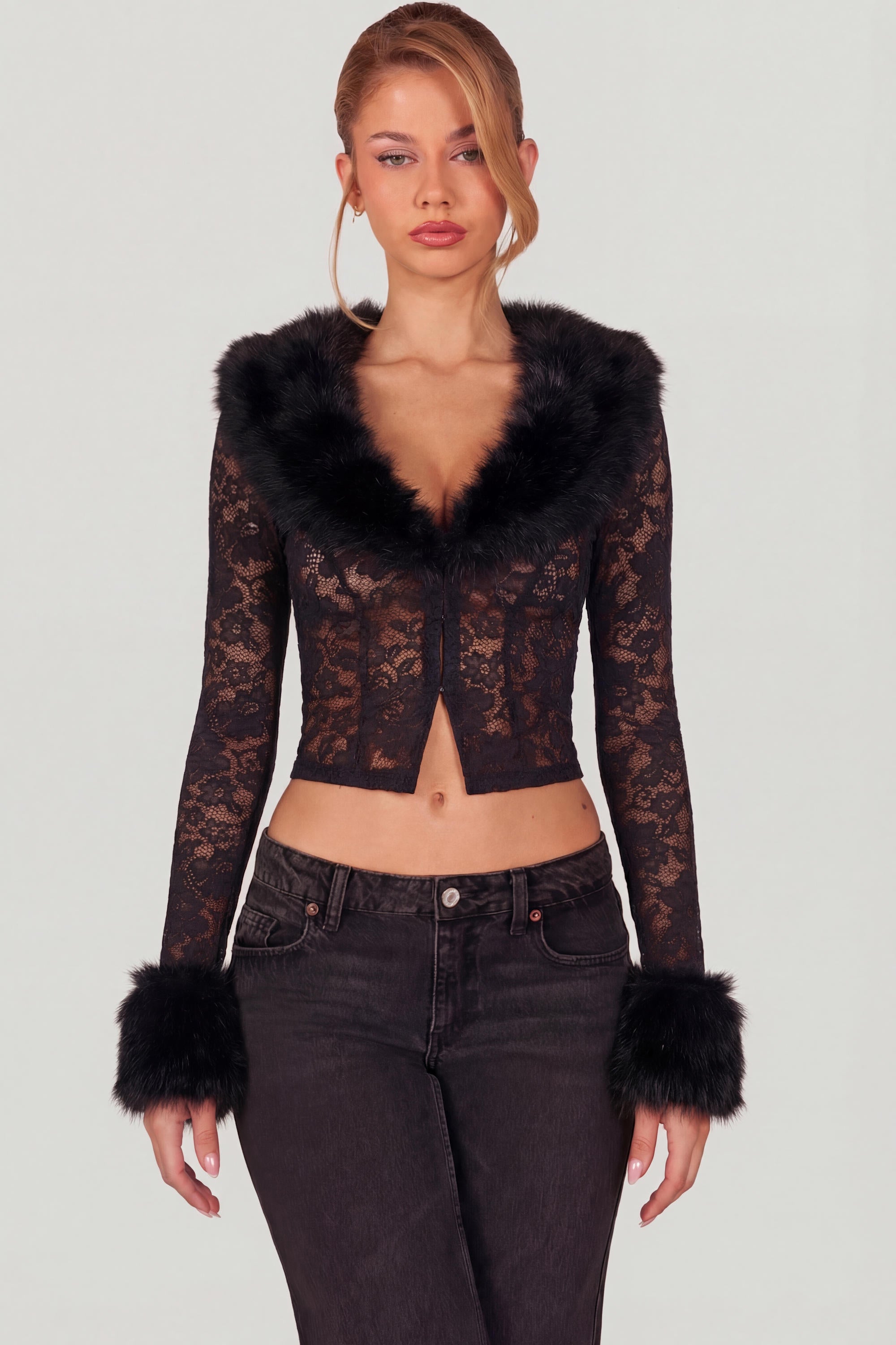 Sheer Lace Faux-Fur-Trim Cardigan in Black - 4 | Oh Polly Sheer Lace Faux-Fur-Trim Cardigan in Black - 4 | Oh Polly
