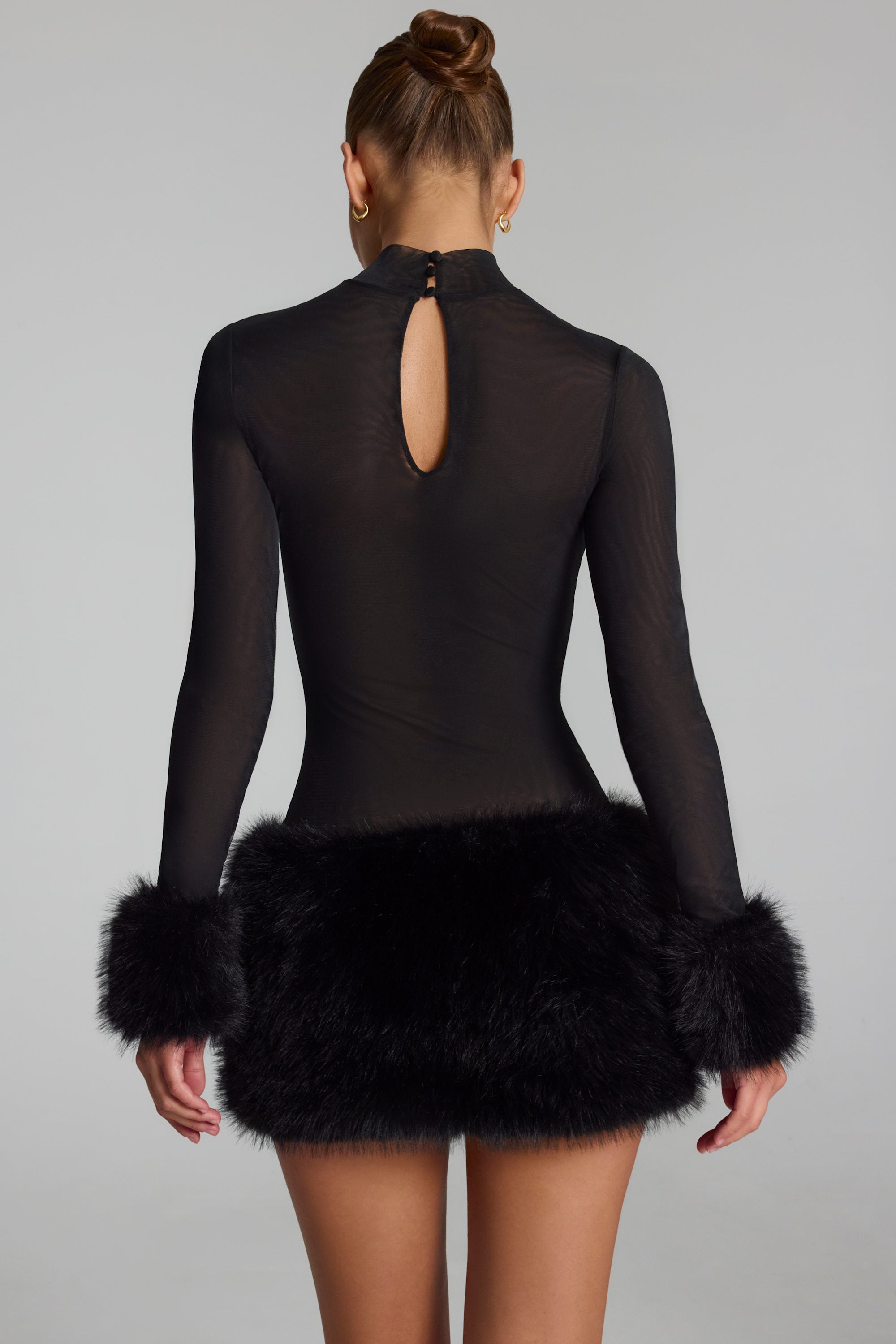 Belladonna Faux Fur-Trim Turtleneck Mini Dress in Black | Oh Polly