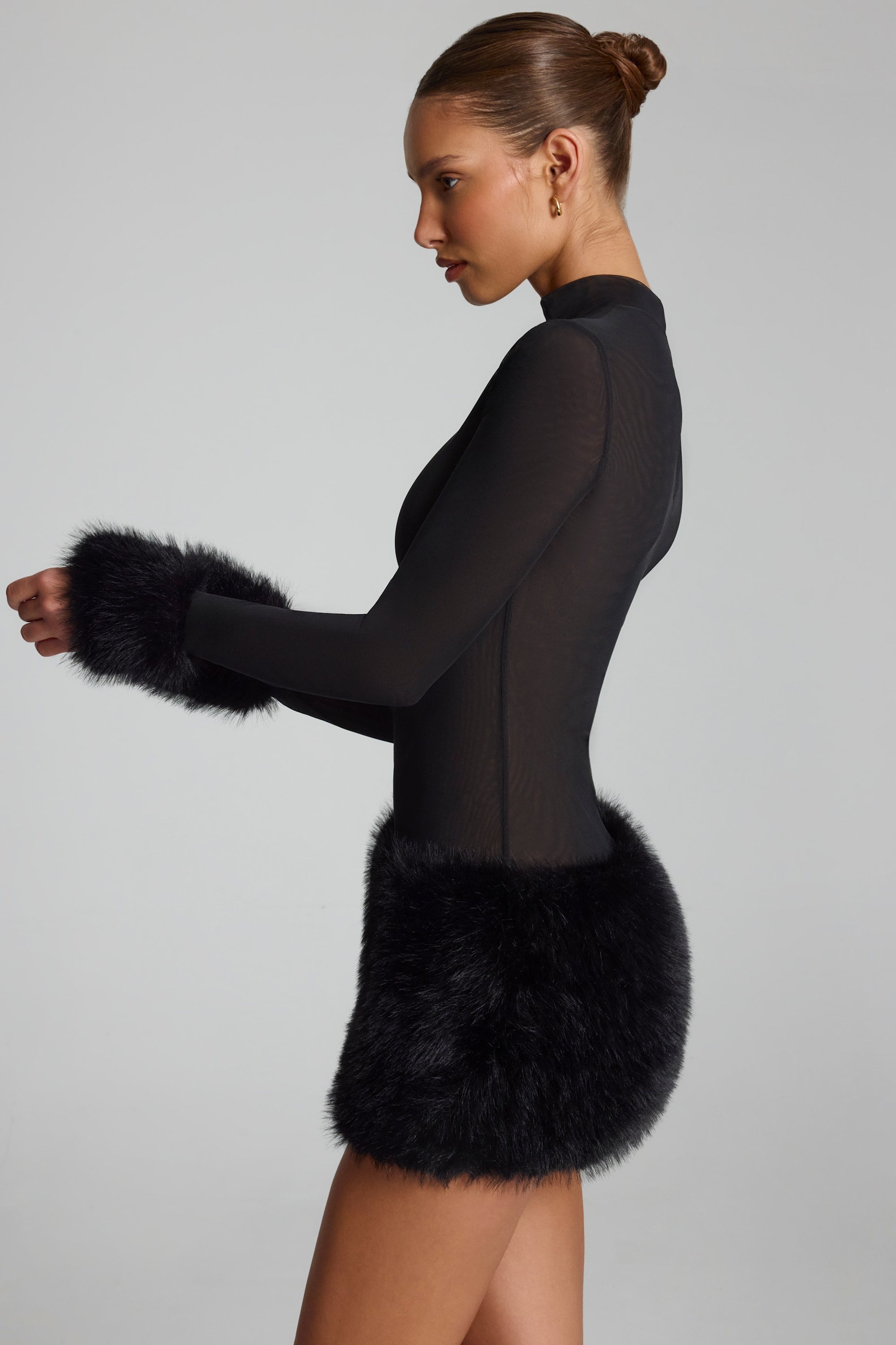 Belladonna Faux Fur-Trim Turtleneck Mini Dress in Black | Oh Polly