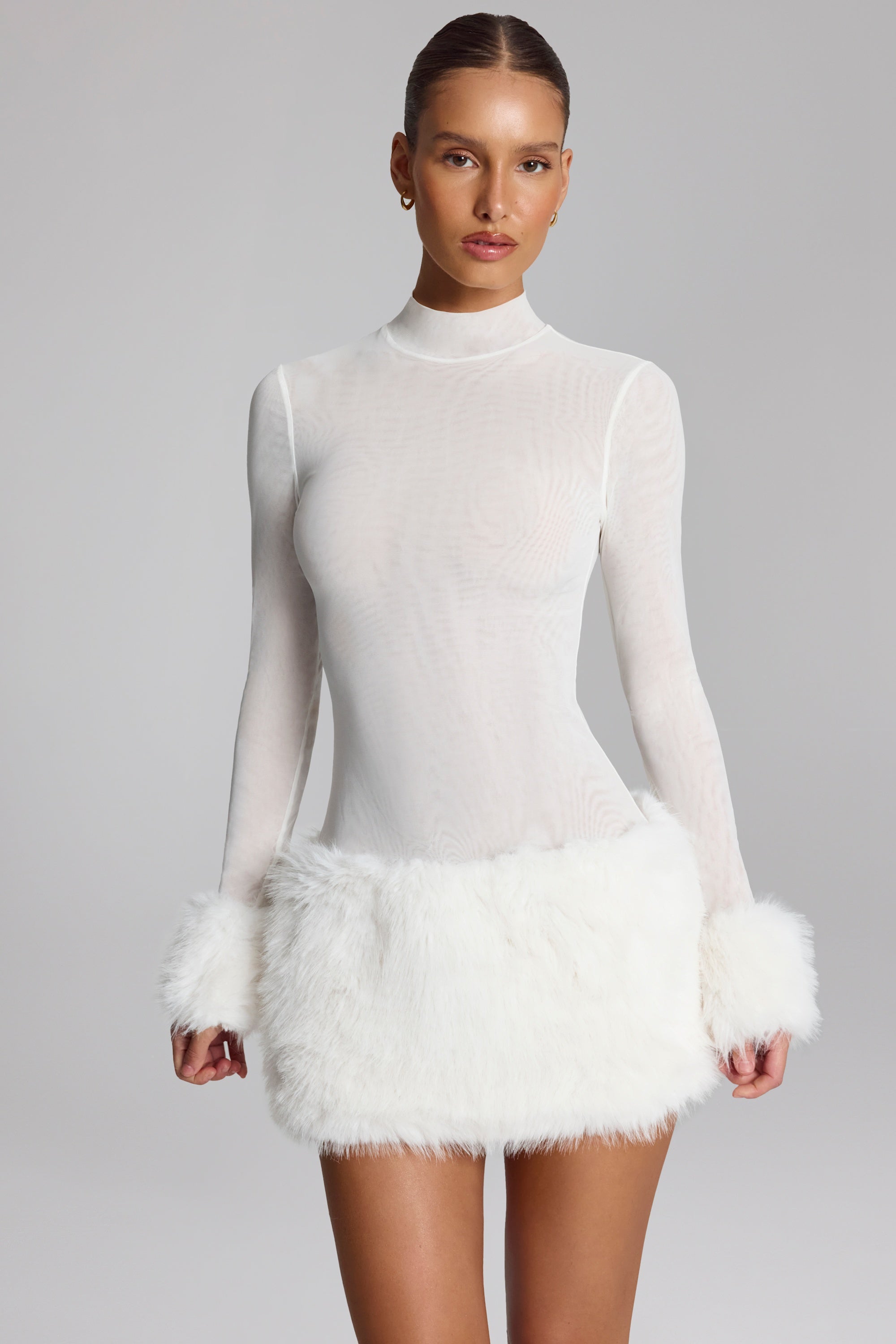 fur dress Faux Fur-Trim Turtleneck Mini Dress in White - 10