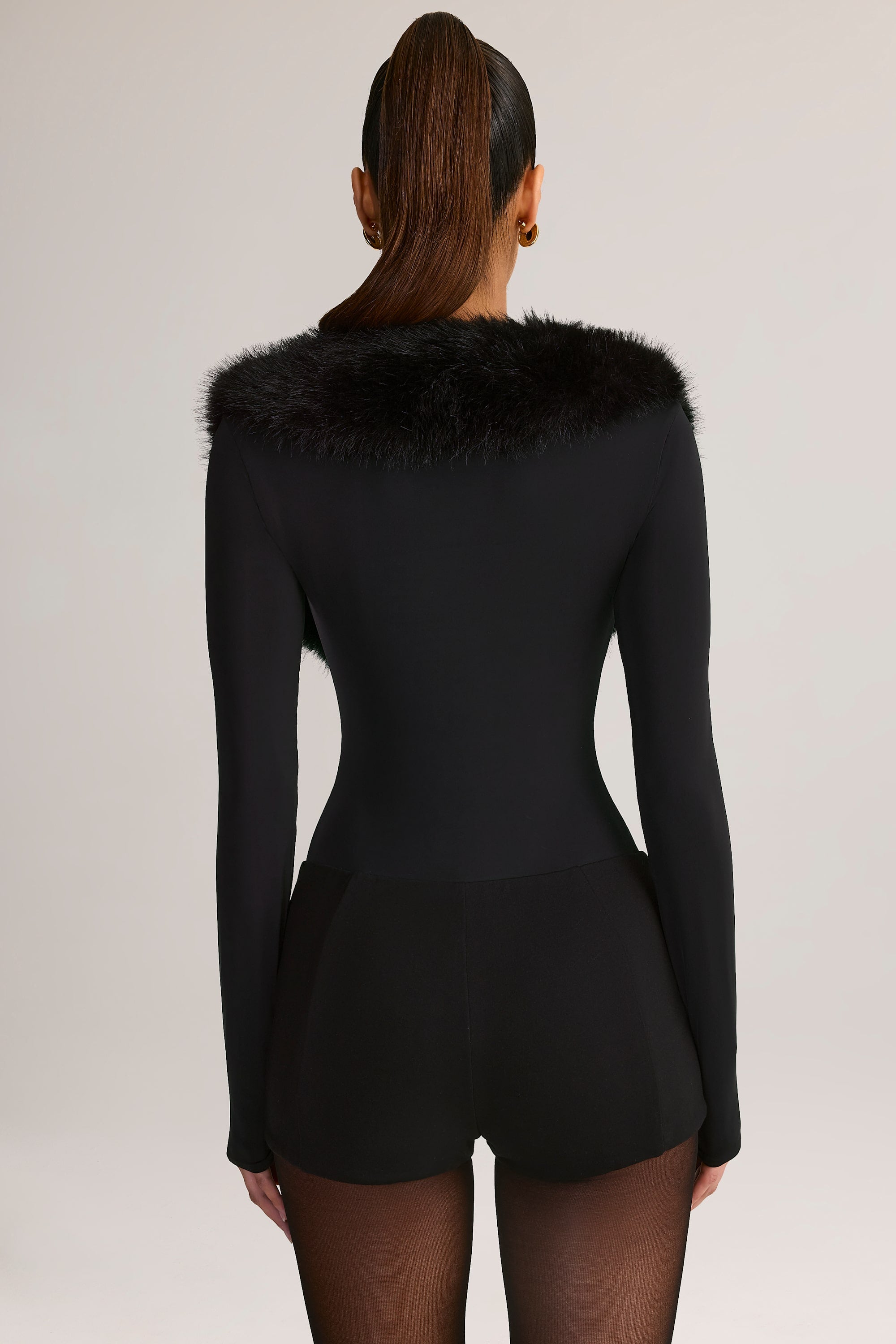 Nesta Faux Fur-Trim Playsuit in Black | Oh Polly