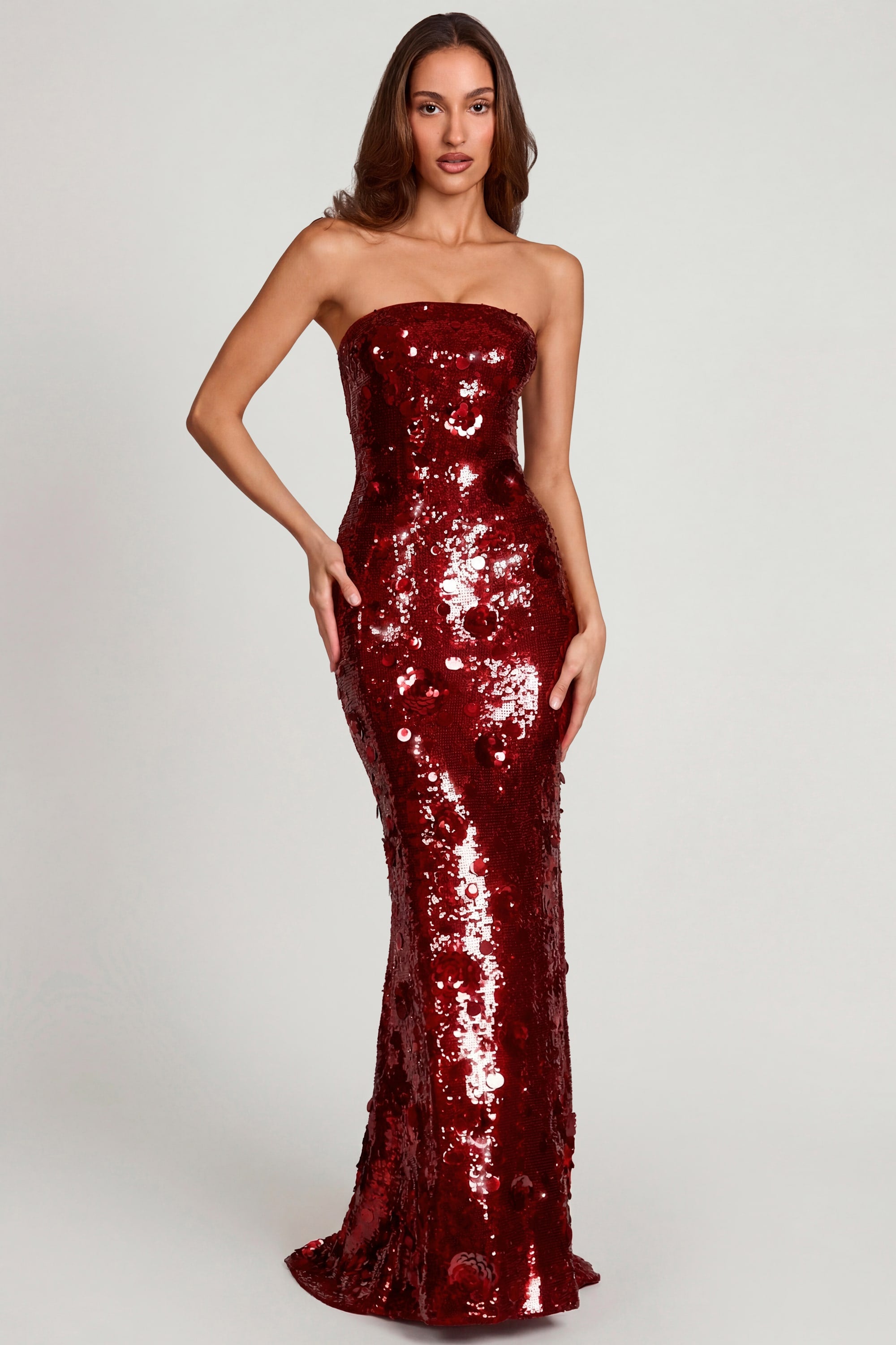 3D Embellished Bandeau Maxi Dress in Red - 6