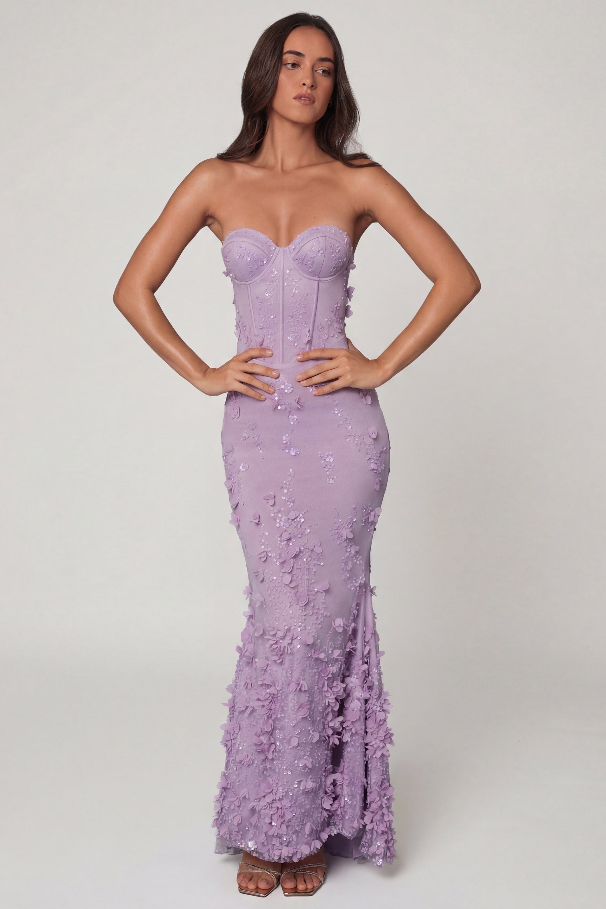 Amal Lace-Up Corset Maxi Dress in Lilac