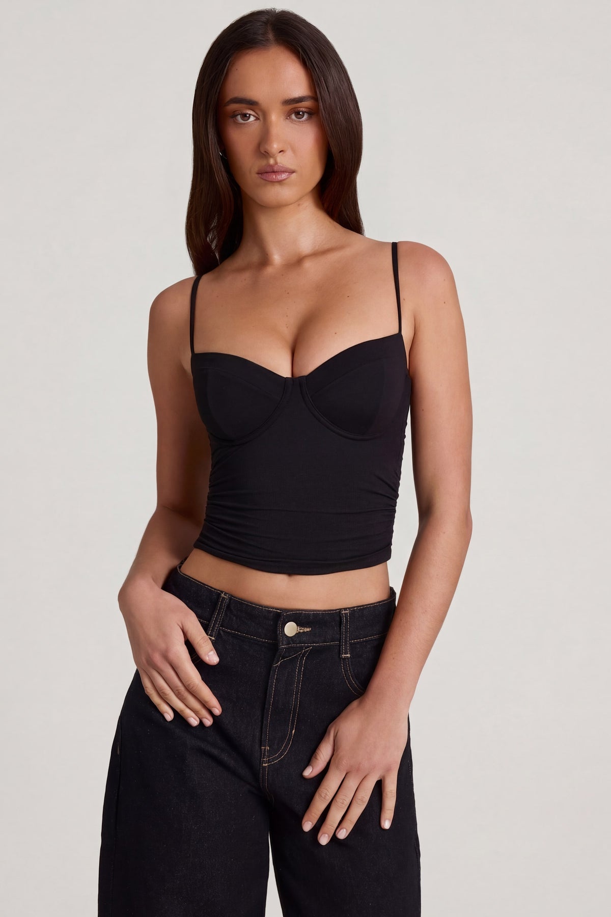 Mirelle Modal Ruched Underwired Camisole Top in Black | Oh Polly 