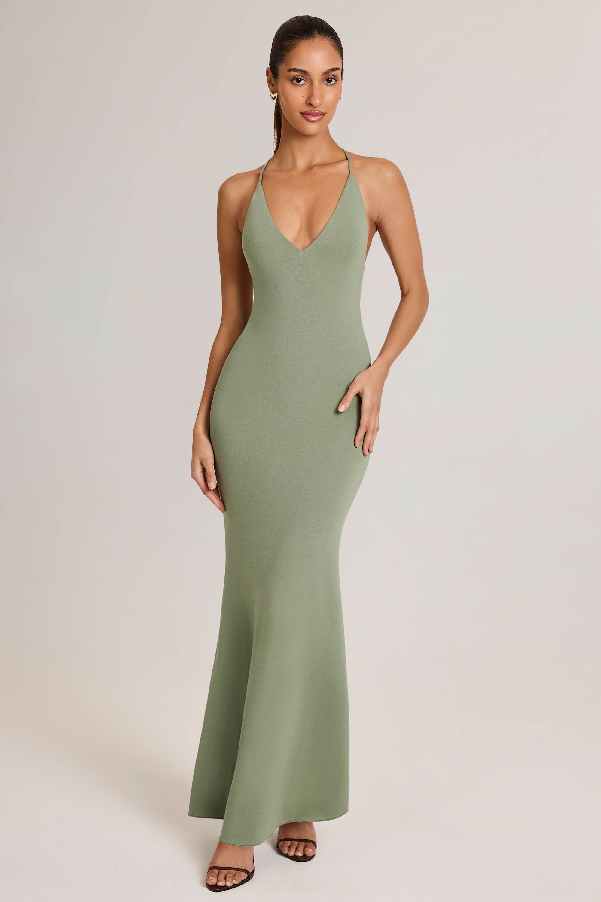 Leire Modal Plunge Backless Maxi Dress in Sage Green