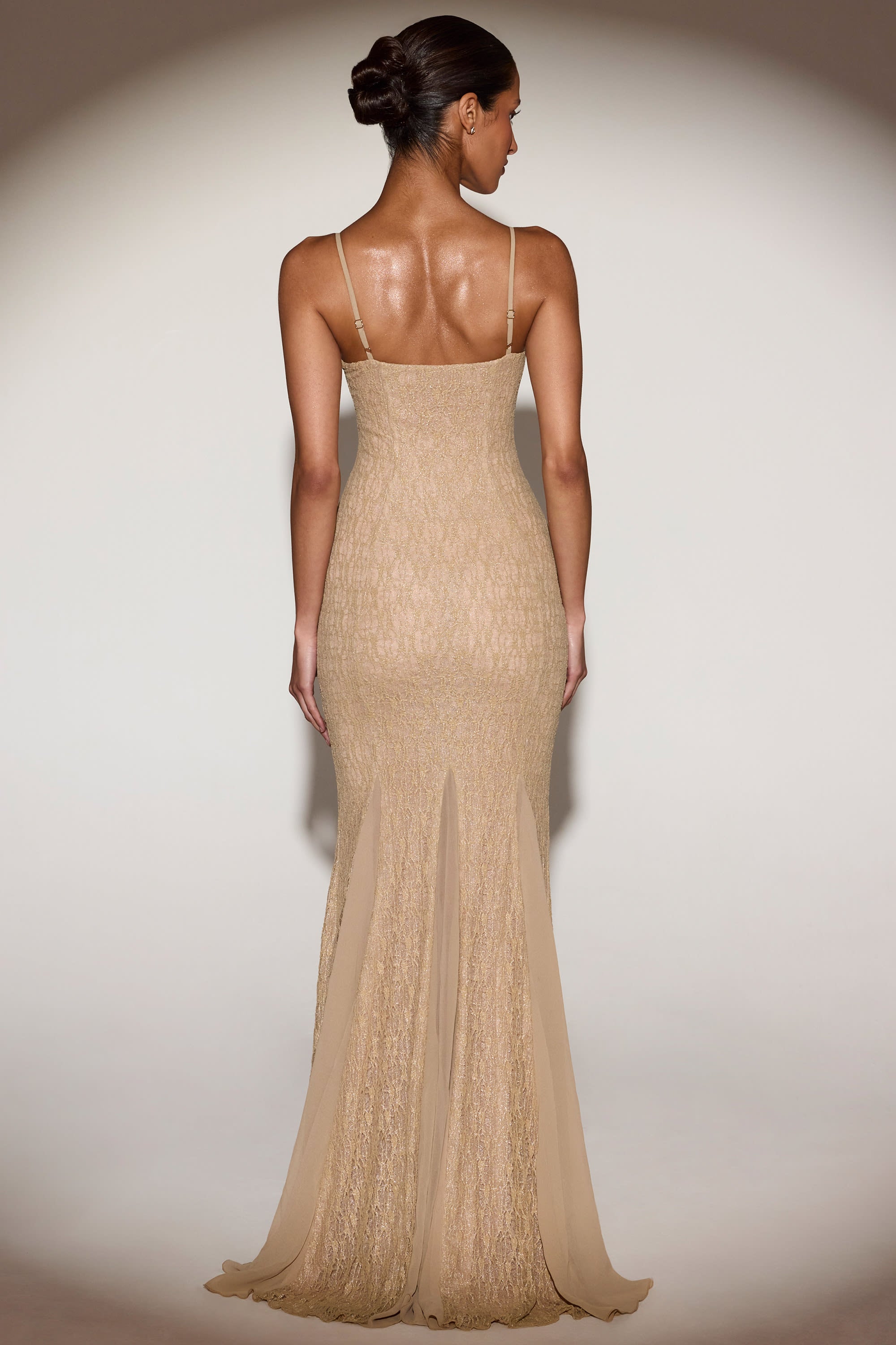 Alabelle Metallic Lace Godet Gown in Gold