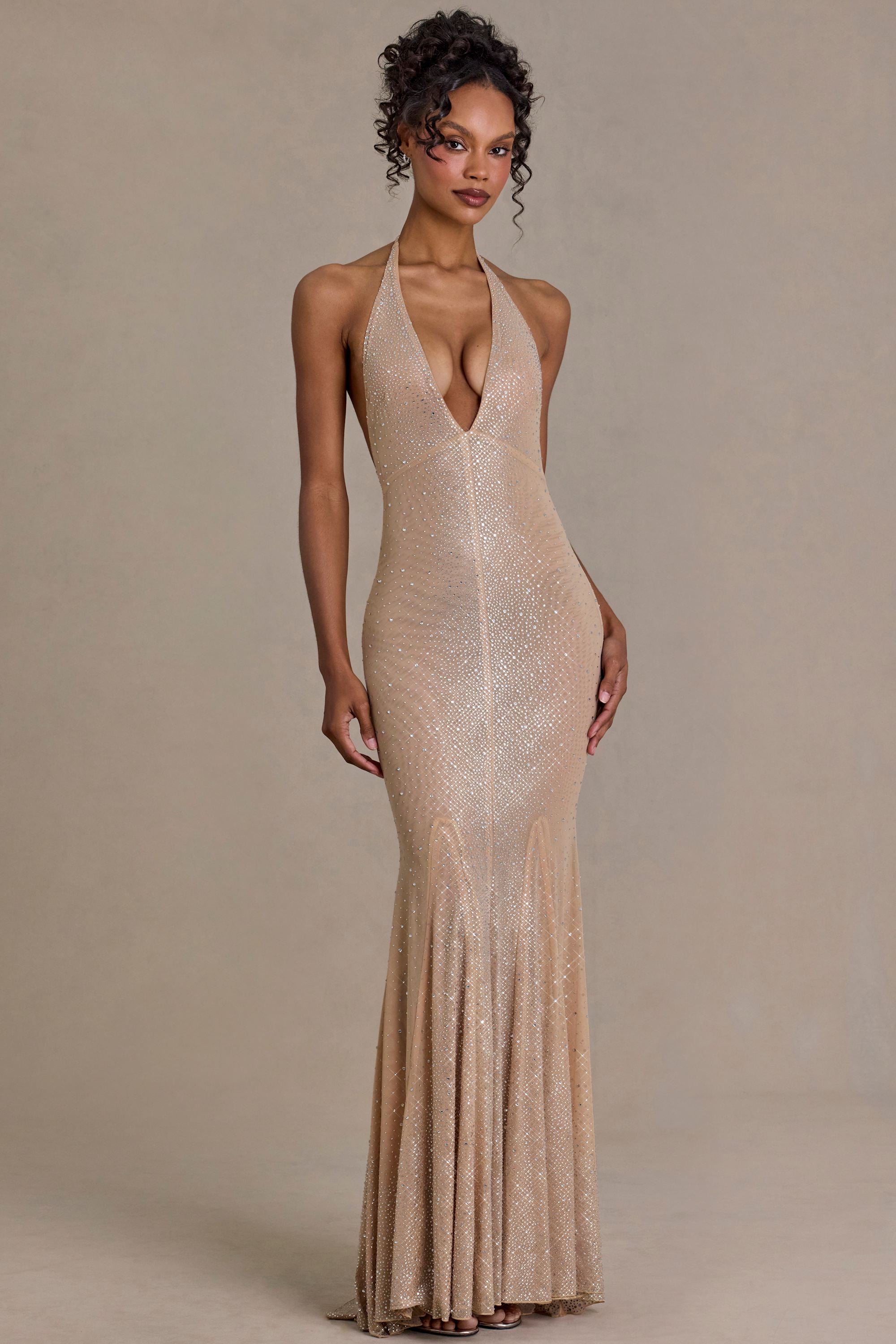 Embellished Plunge-Neck Open-Back Gown in Sand - XS
