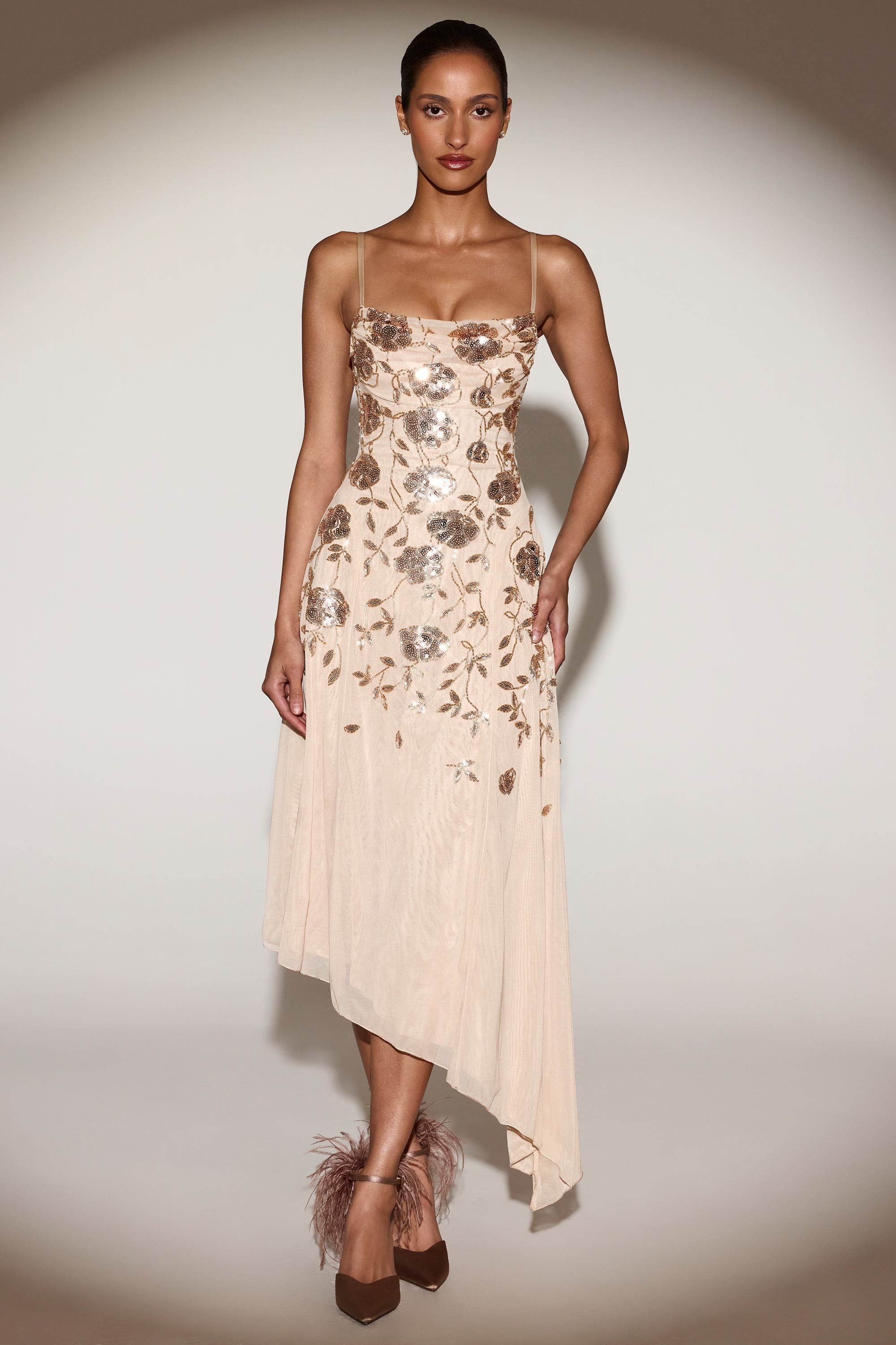 asymmetric midi dress Luxury Brown Halter Neck CL132261002 Asymmetrical Draped Midi Dress with