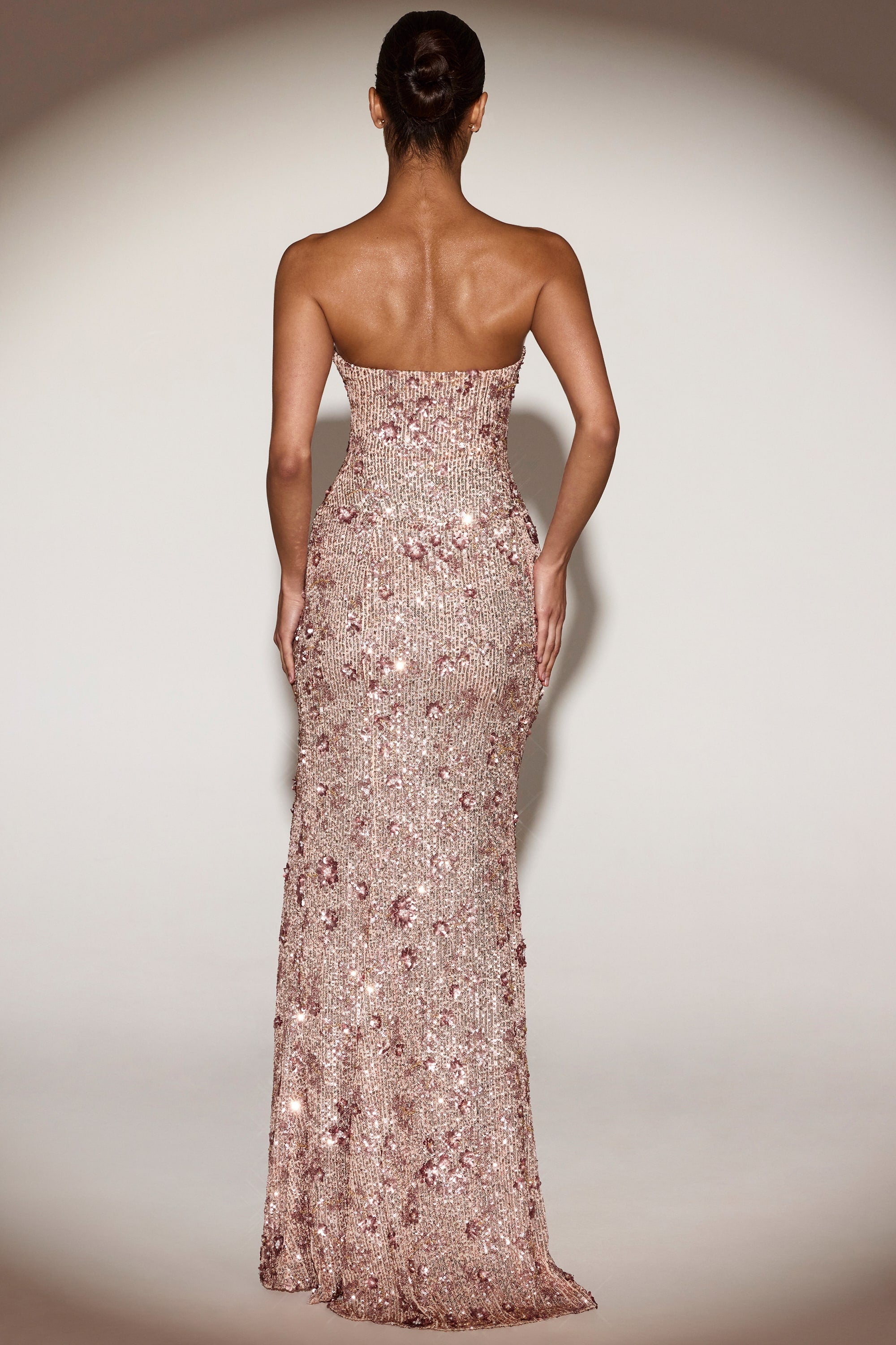 Embellished Bandeau-Neck Strapless Gown in Rose Gold - 2