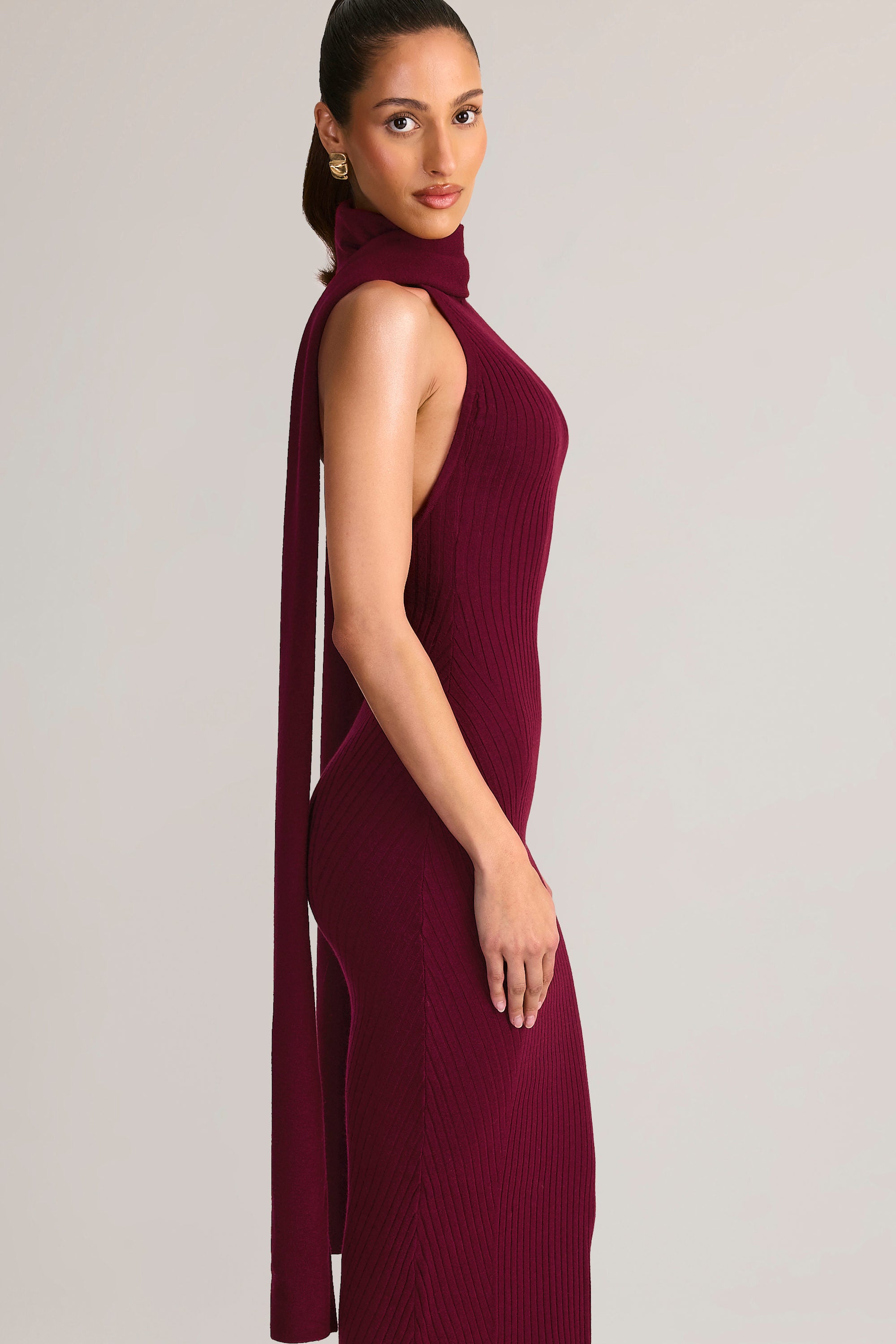 Oh Polly Dree Rib Knit Scarf Detail Halterneck Maxi Dress in Wine-red