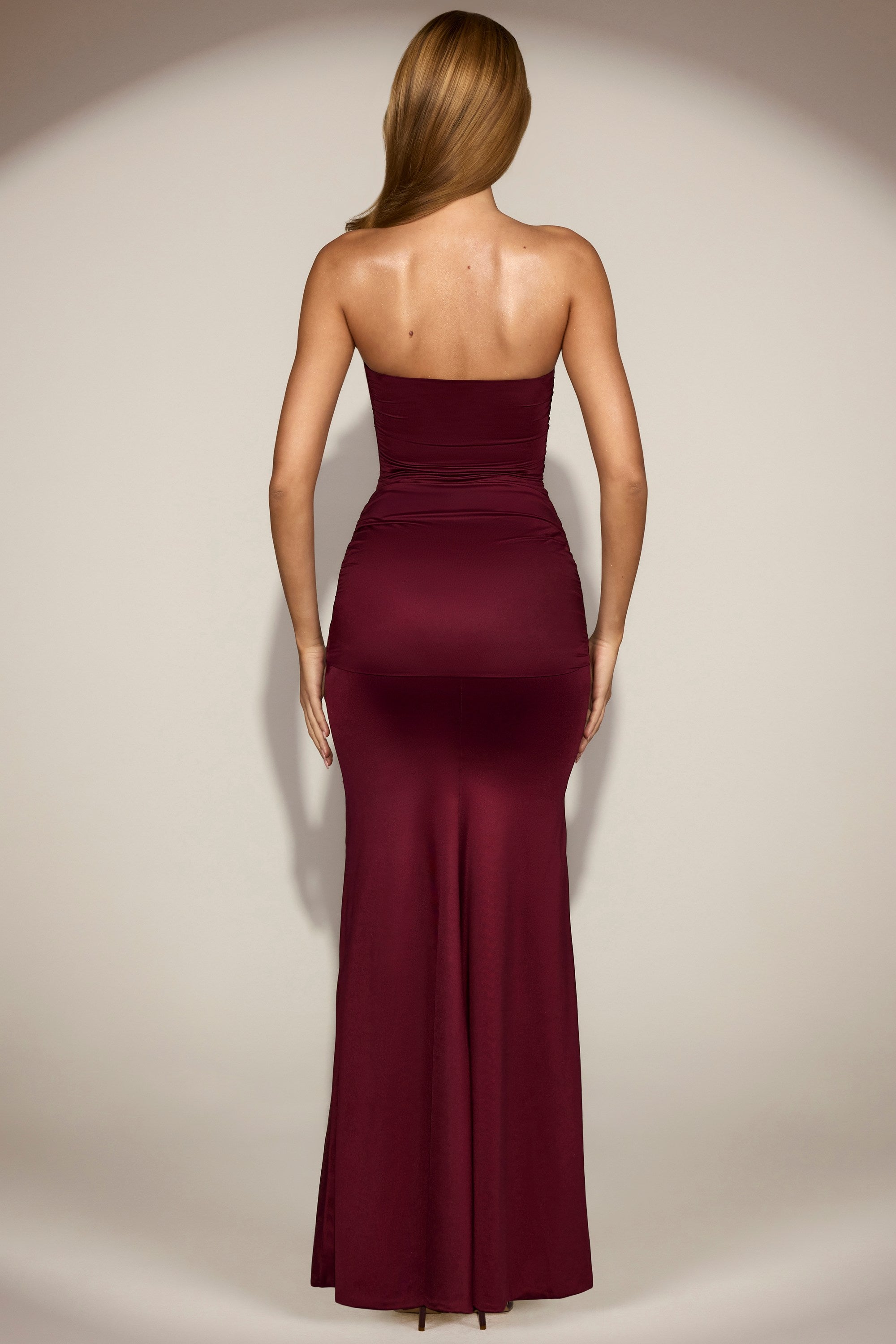Satin Peekaboo Bandeau Draped Gown in Wine Red - XL / Regular | Oh Polly