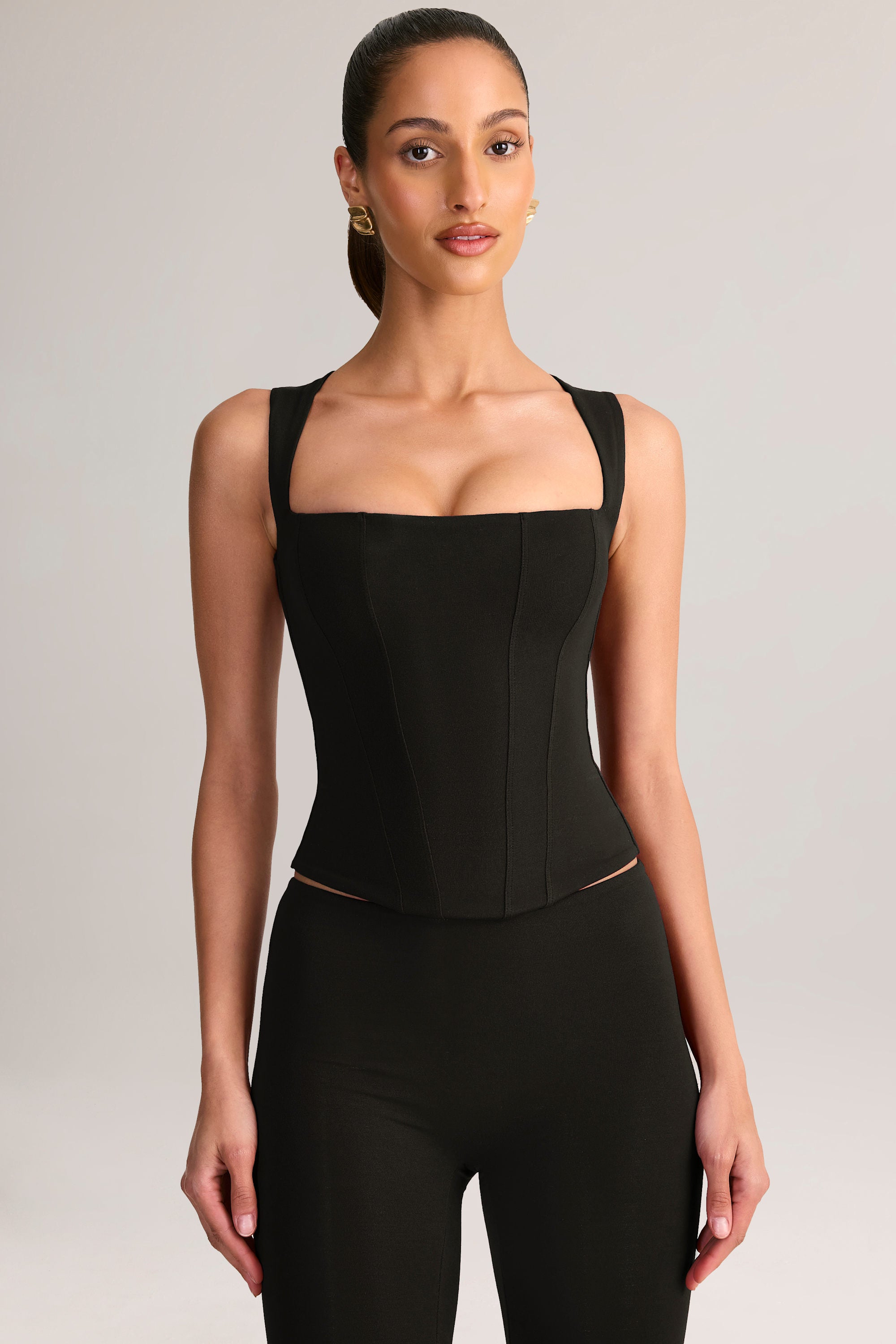 Vivee Modal Square-Neck Corset Top in Black | Oh Polly