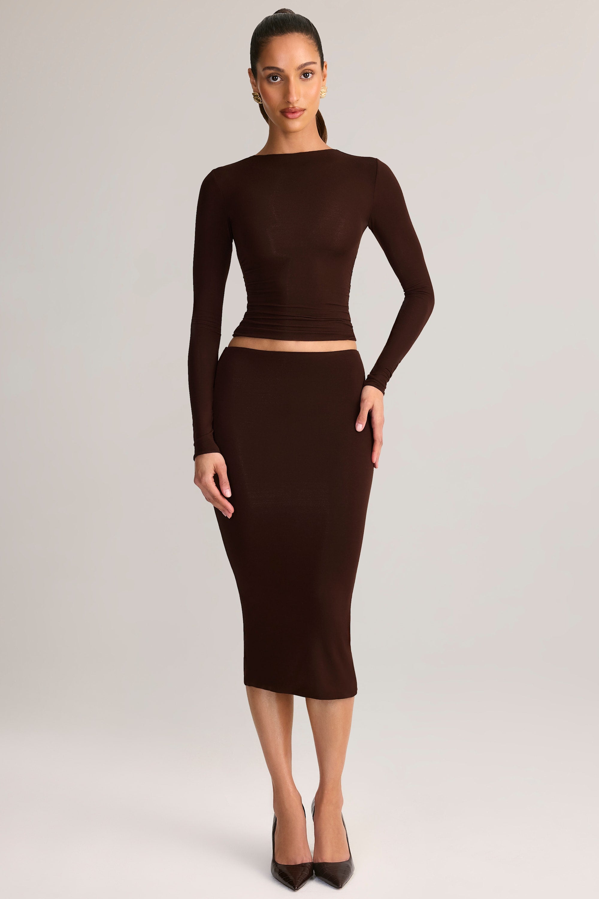 Aven Modal Mid-Rise Pencil Skirt in Chocolate Brown | Oh Polly