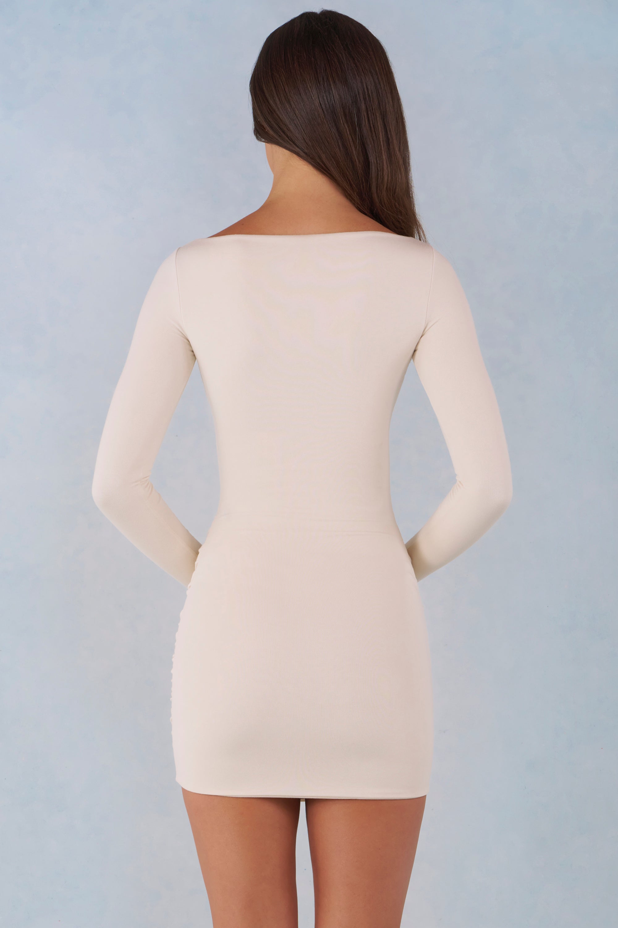 Modal Boat-Neck Draped Long-Sleeve Mini Dress in Ivory - XS