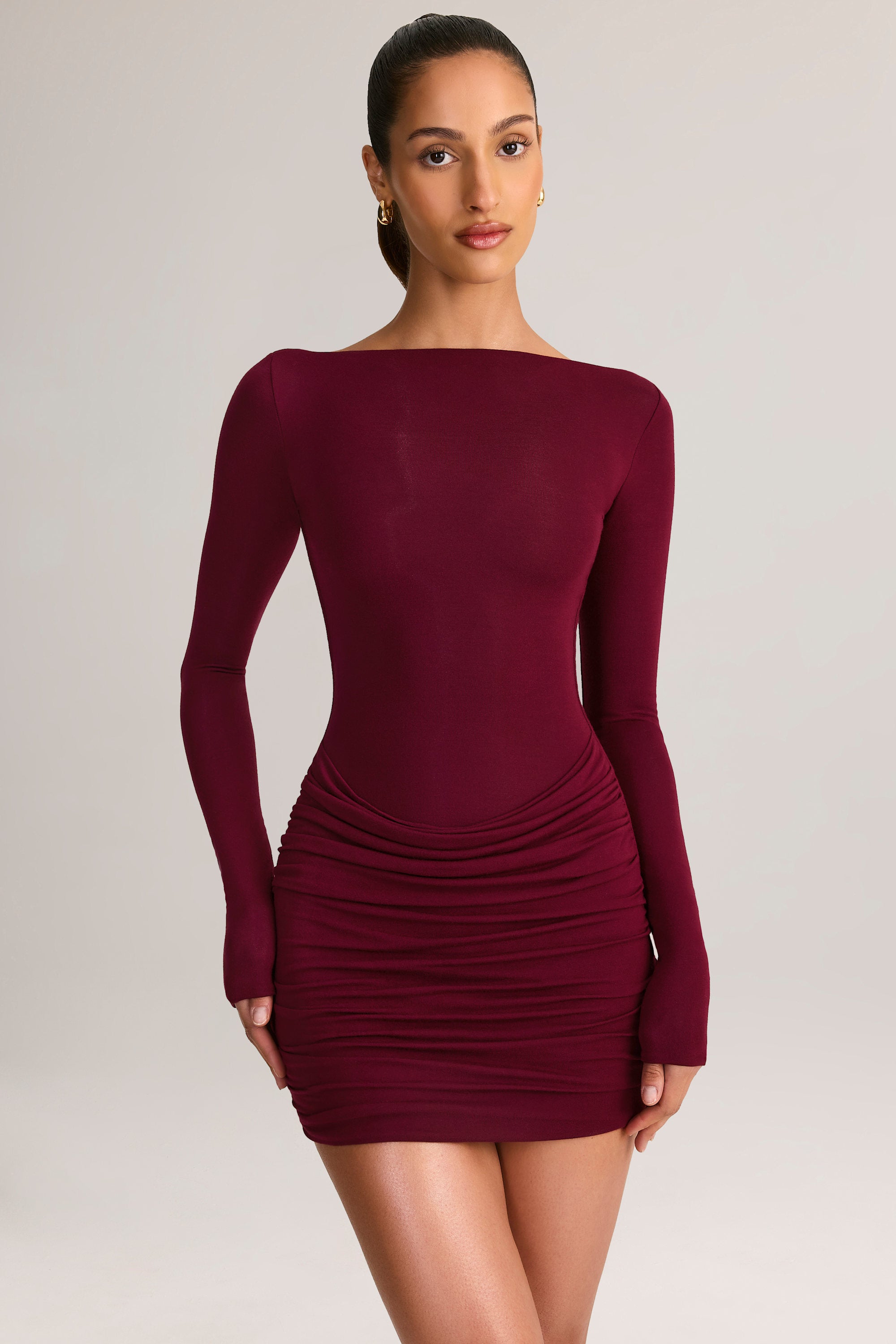 Eska Modal Ruched Long-Sleeve Mini Dress in Wine