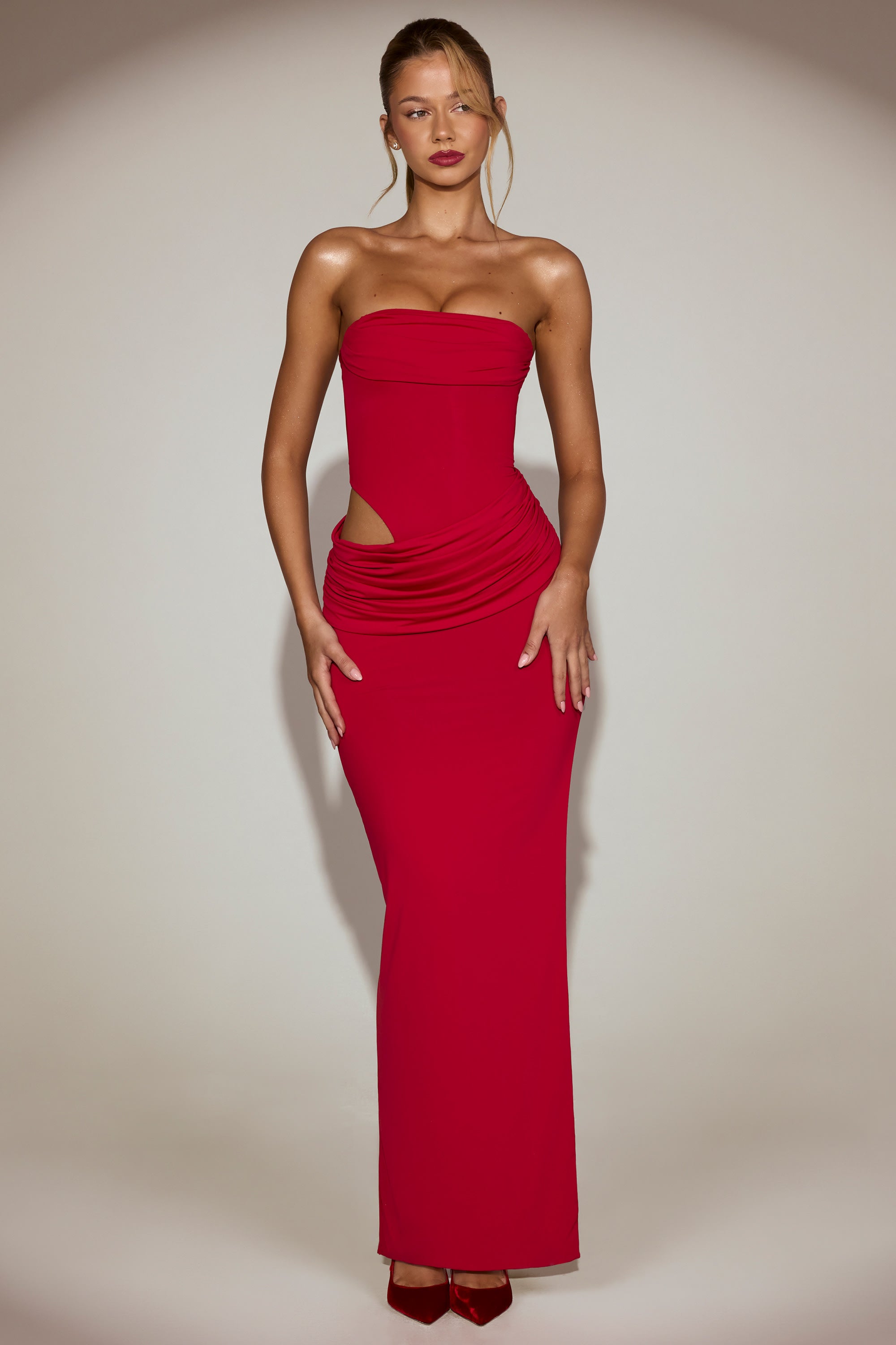 Zorya Cut-Out Bandeau Maxi Dress in True Red